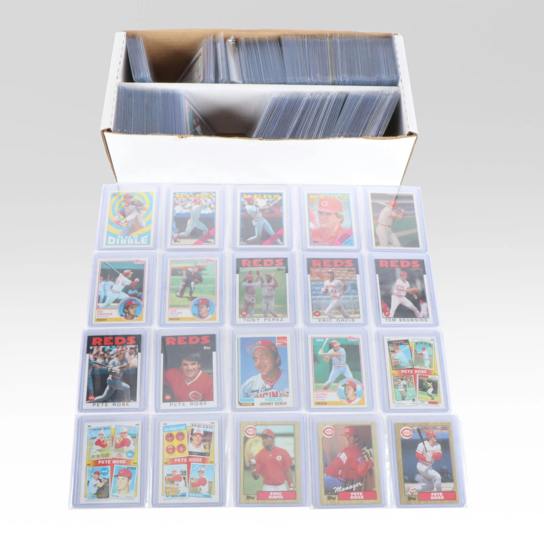 Box of 1980s Cincinnati Reds Baseball Cards, Including Many of Rose and Bench