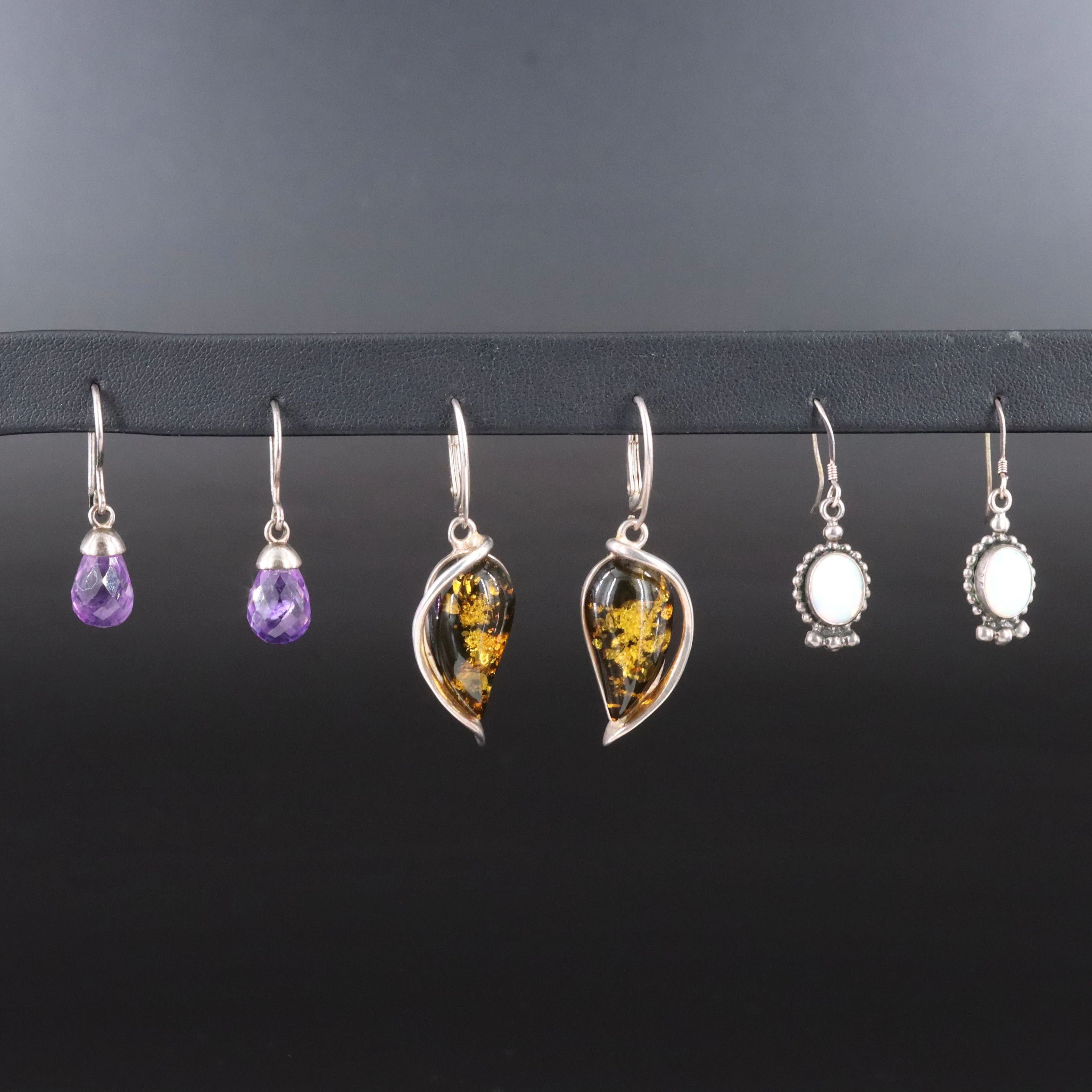 Sterling Amber, Opal and Amethyst Earrings