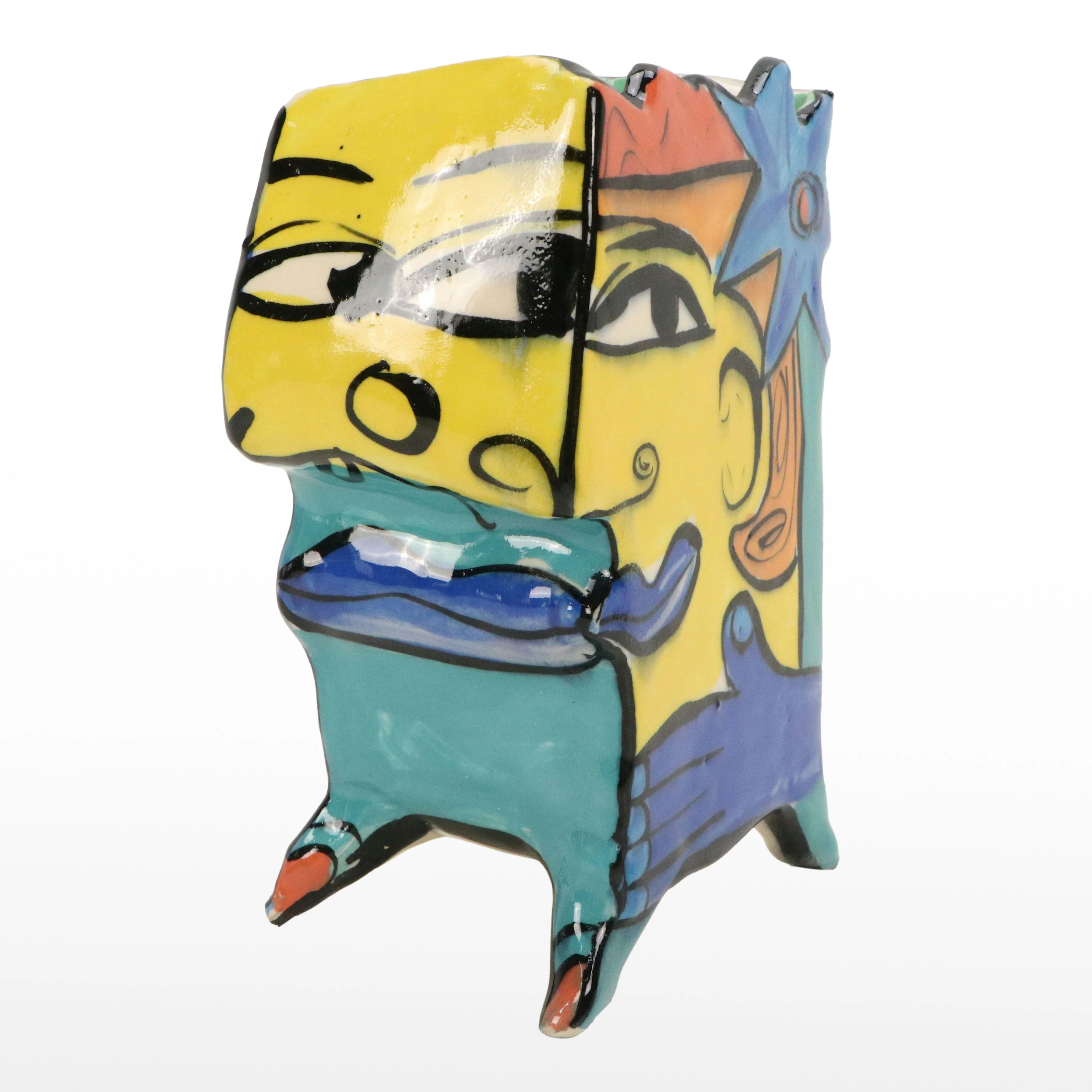 Jonah Austin Cubist Ceramic Vase with Picasso-Style Faces, 1998