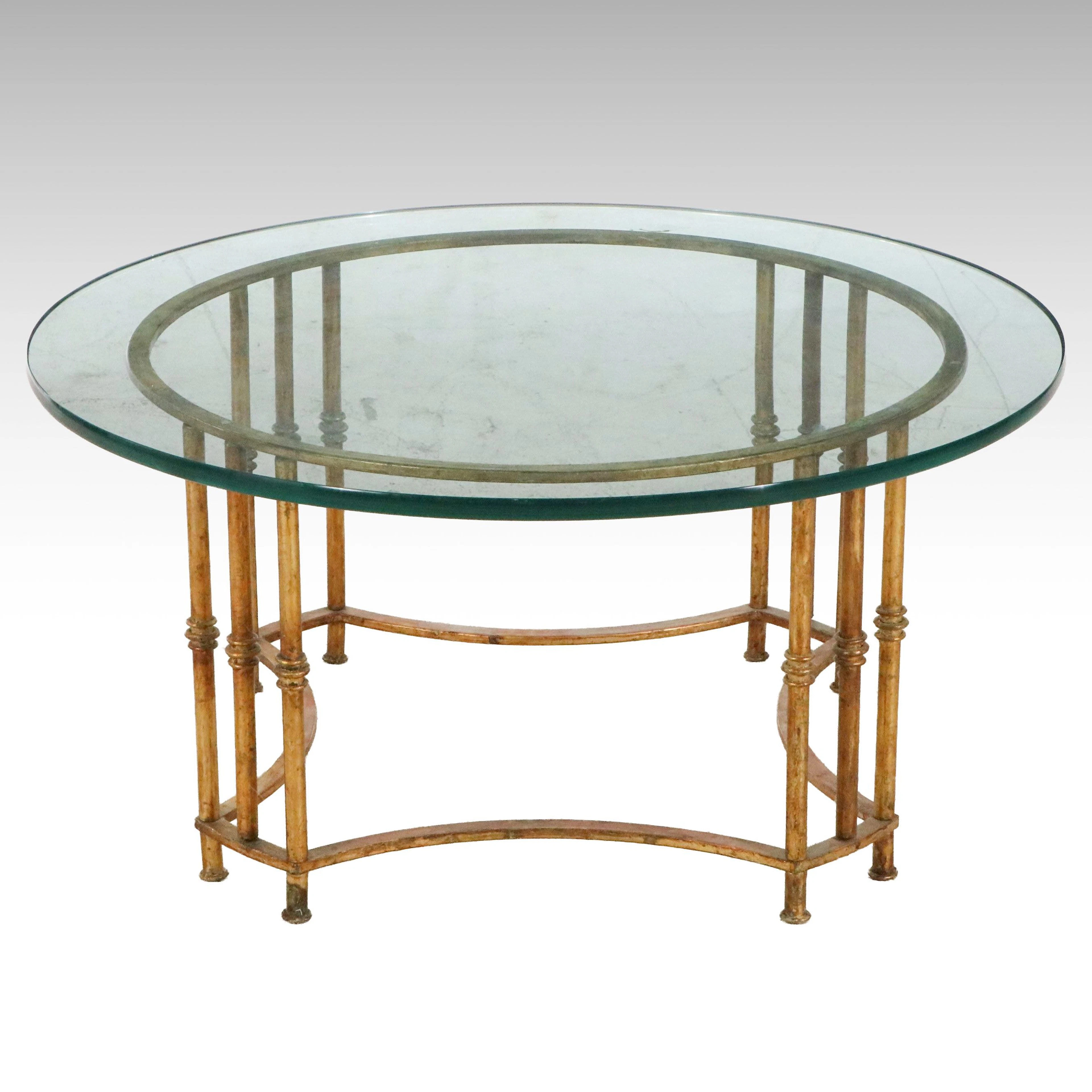 Neoclassical Style Glass-Top Gilt Metal Round Coffee Table