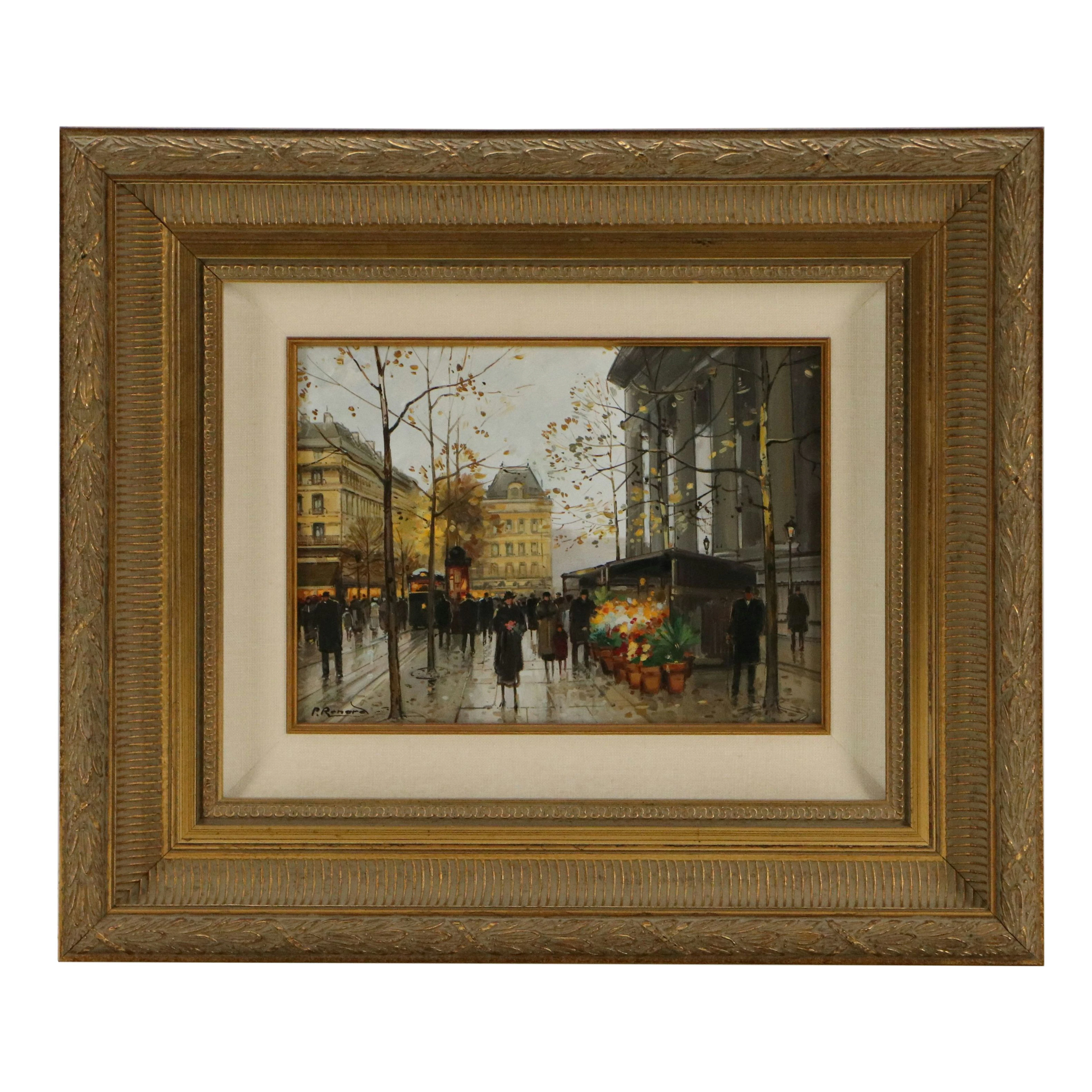 Paul Renard Genre Oil Painting of Parisian Street Scene, Late 20th Century