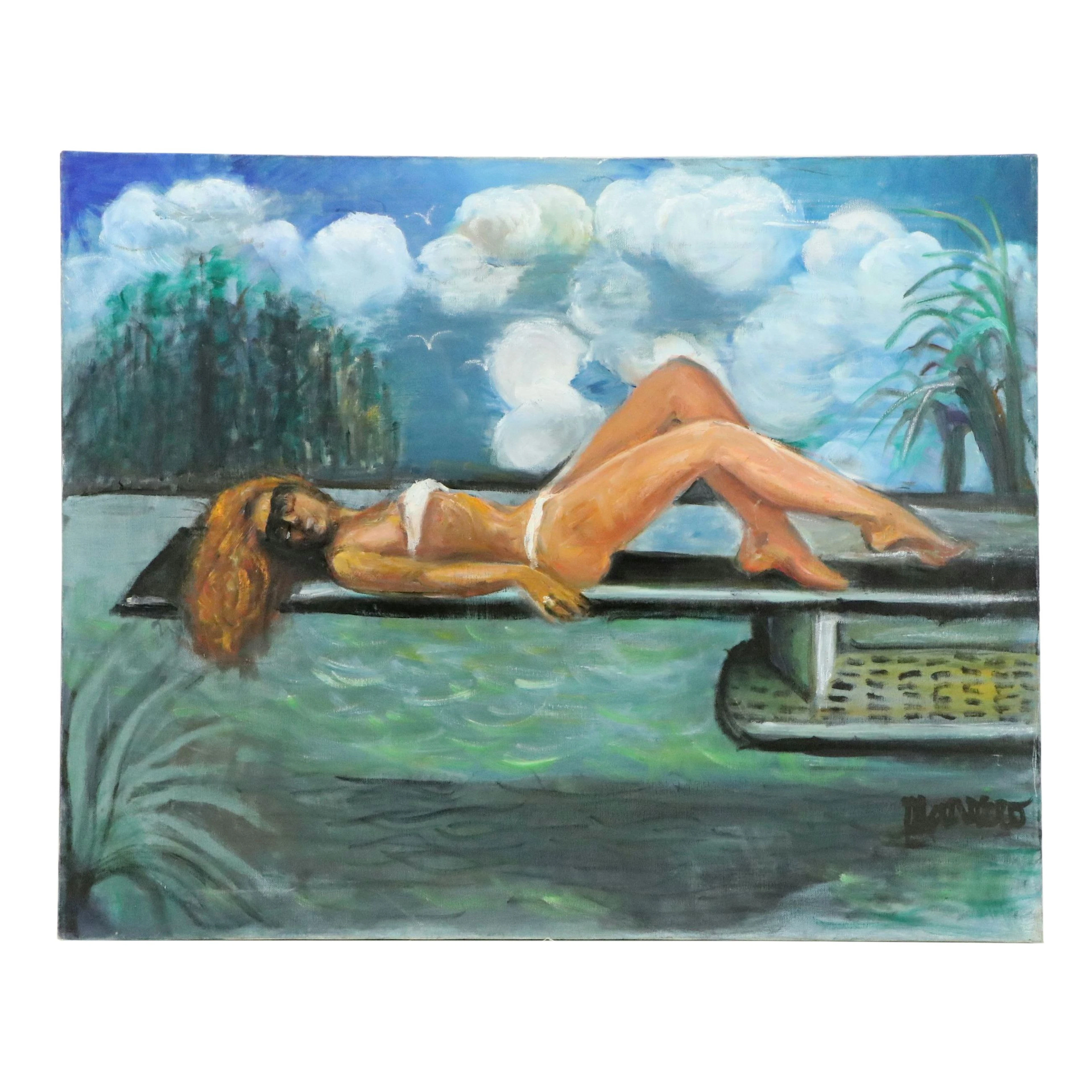 Edith Susarret Marrero Oil Painting of Poolside Lounging, Late 20th Century