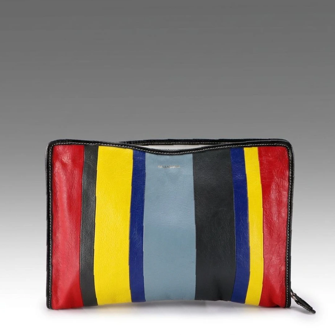 Balenciaga Bazar Zip-Around Clutch in Multicolor Striped Crinkled Lambskin