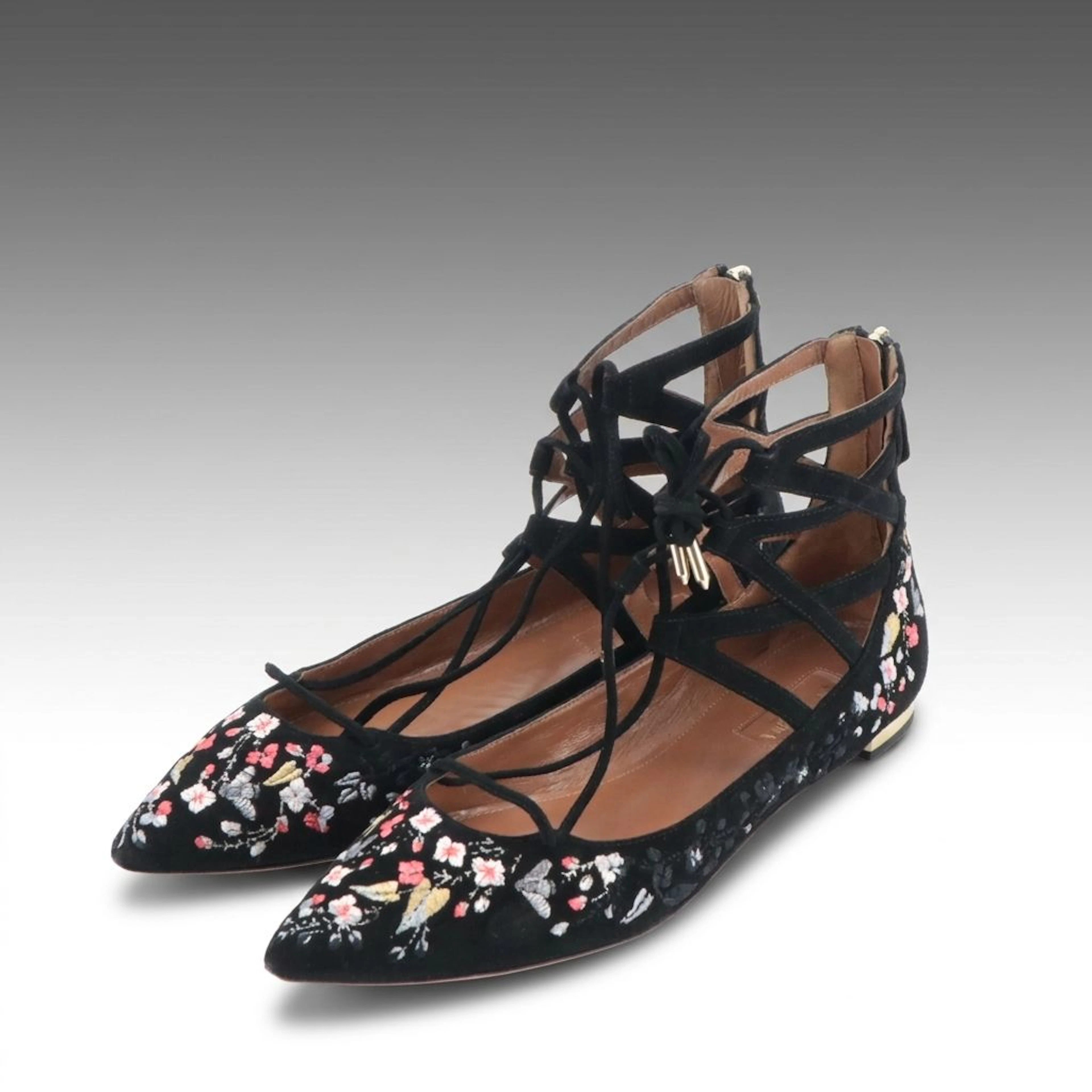 Aquazzura Firenze Floral Embroidered Black Suede Lace-Up Pointed Toe Flats