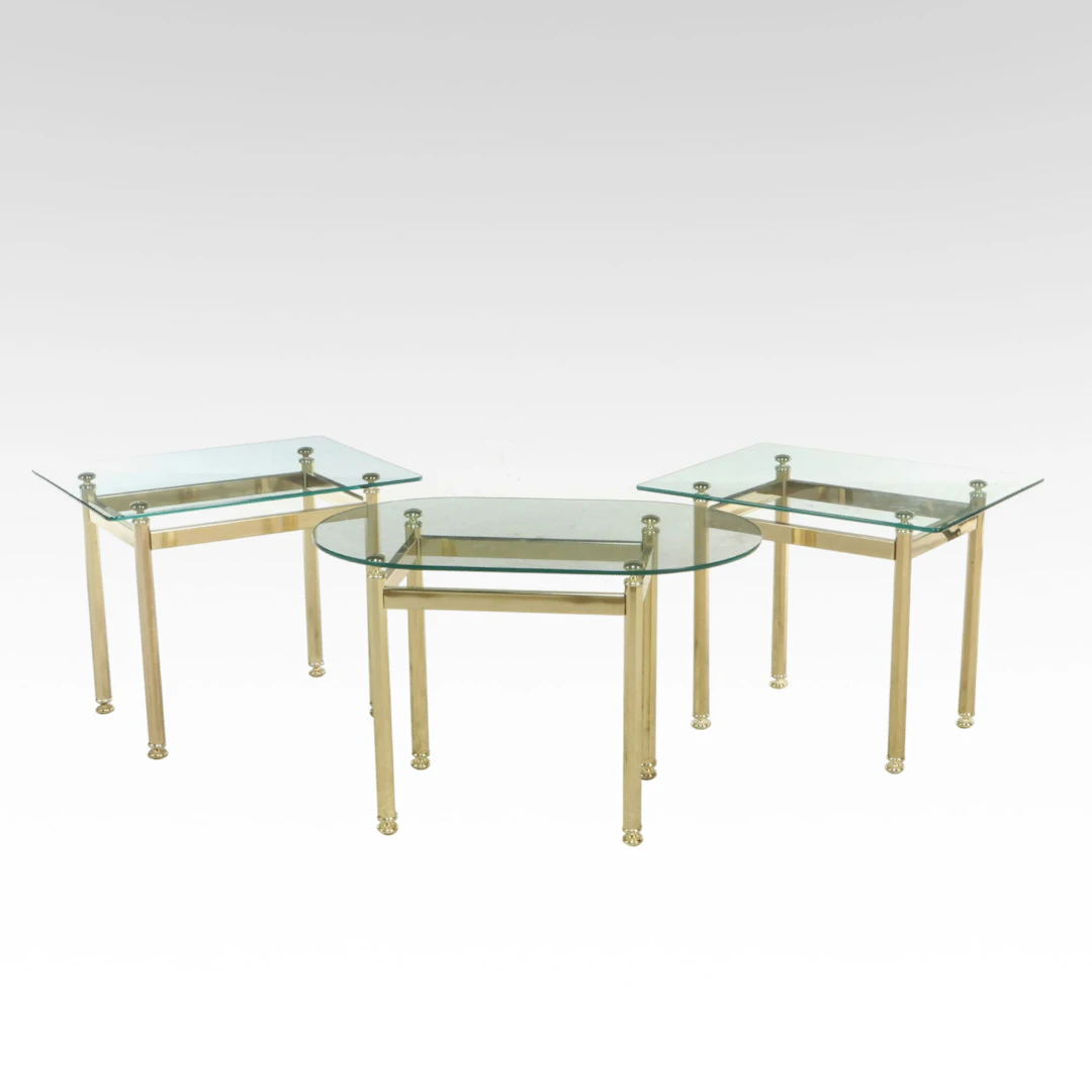 Set of Three Hollywood Regency Style Brass Glass Top Side Tables