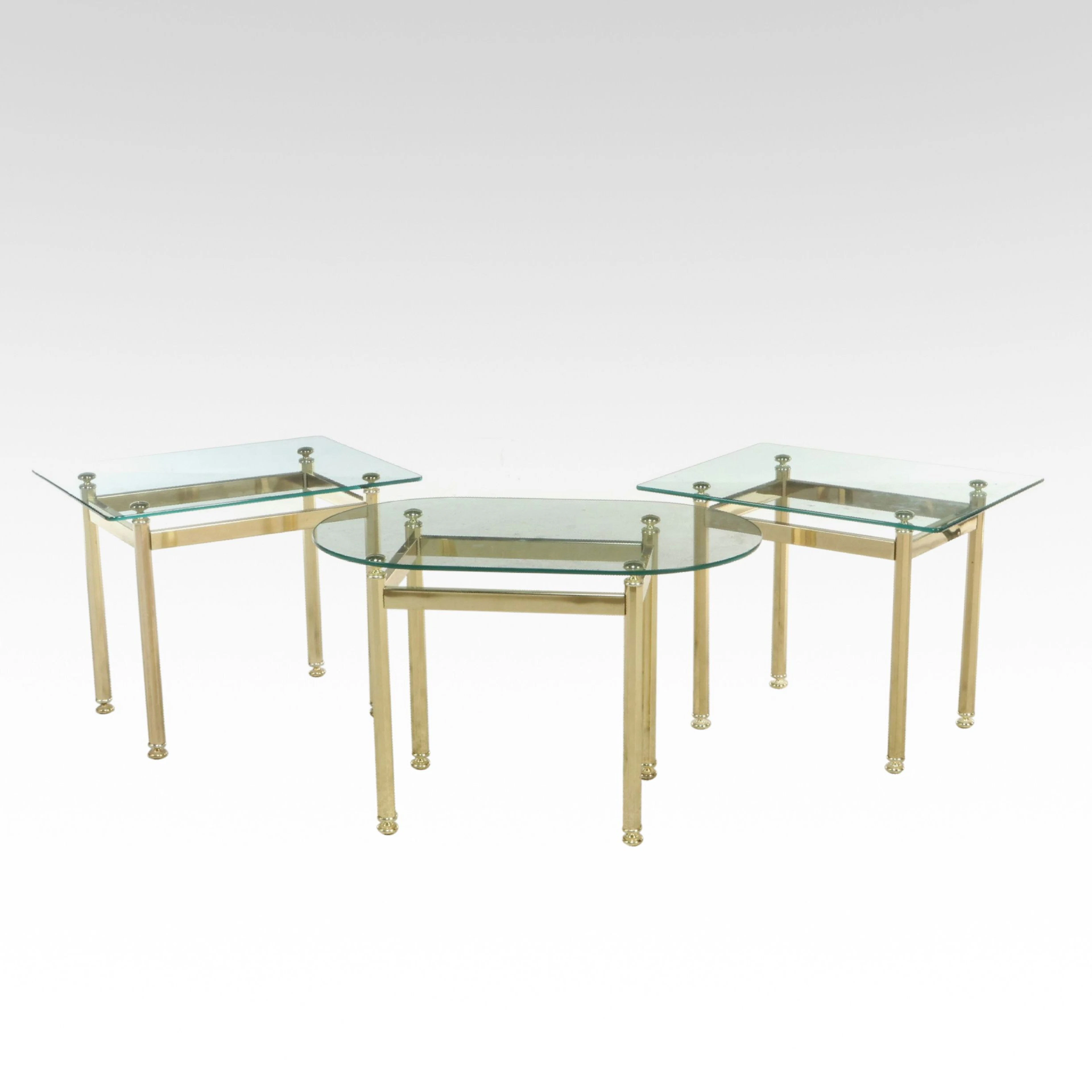 Set of Three Hollywood Regency Style Brass Glass Top Side Tables