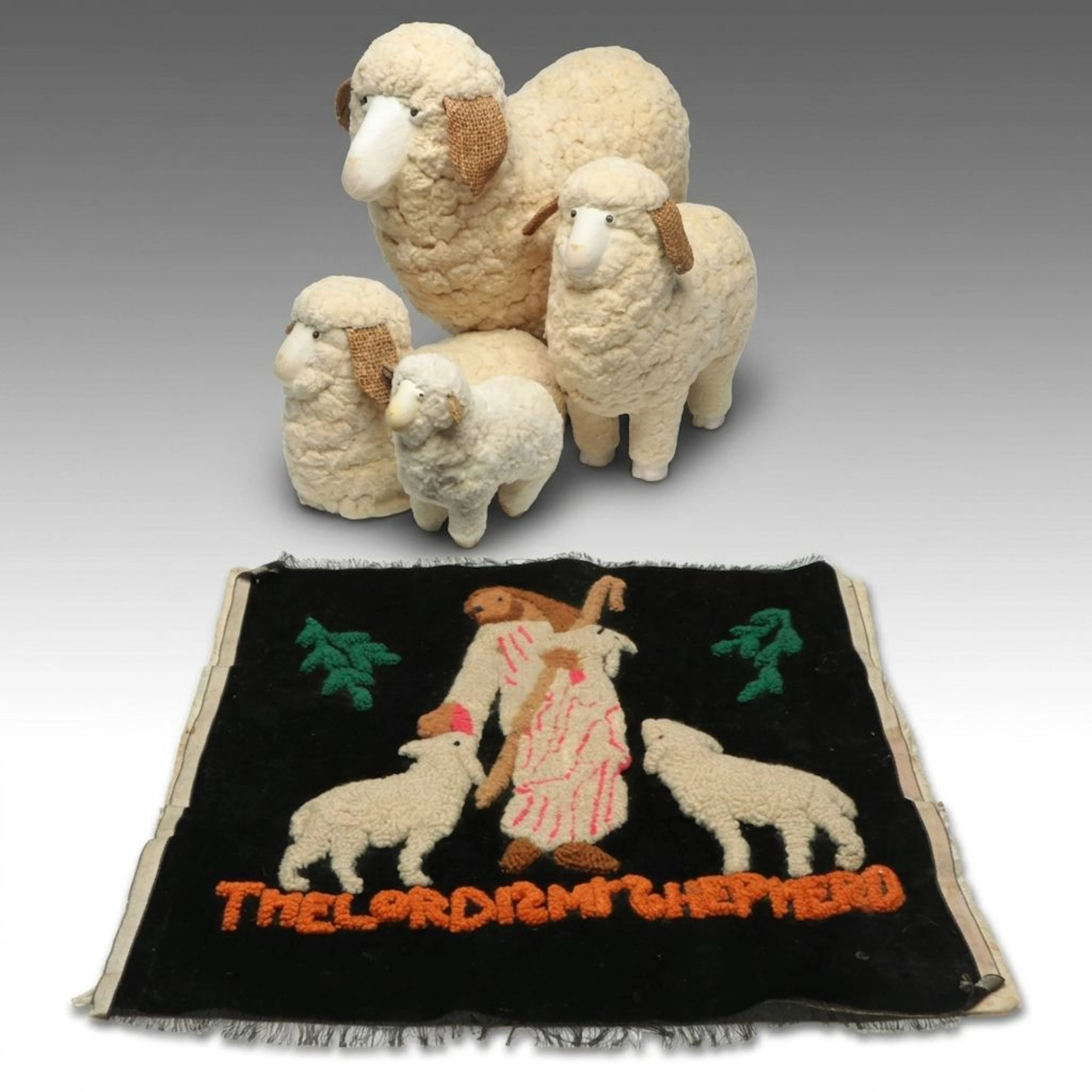 Hand-Hooked Wool Biblical Quote with Woolly Sheep Figurines