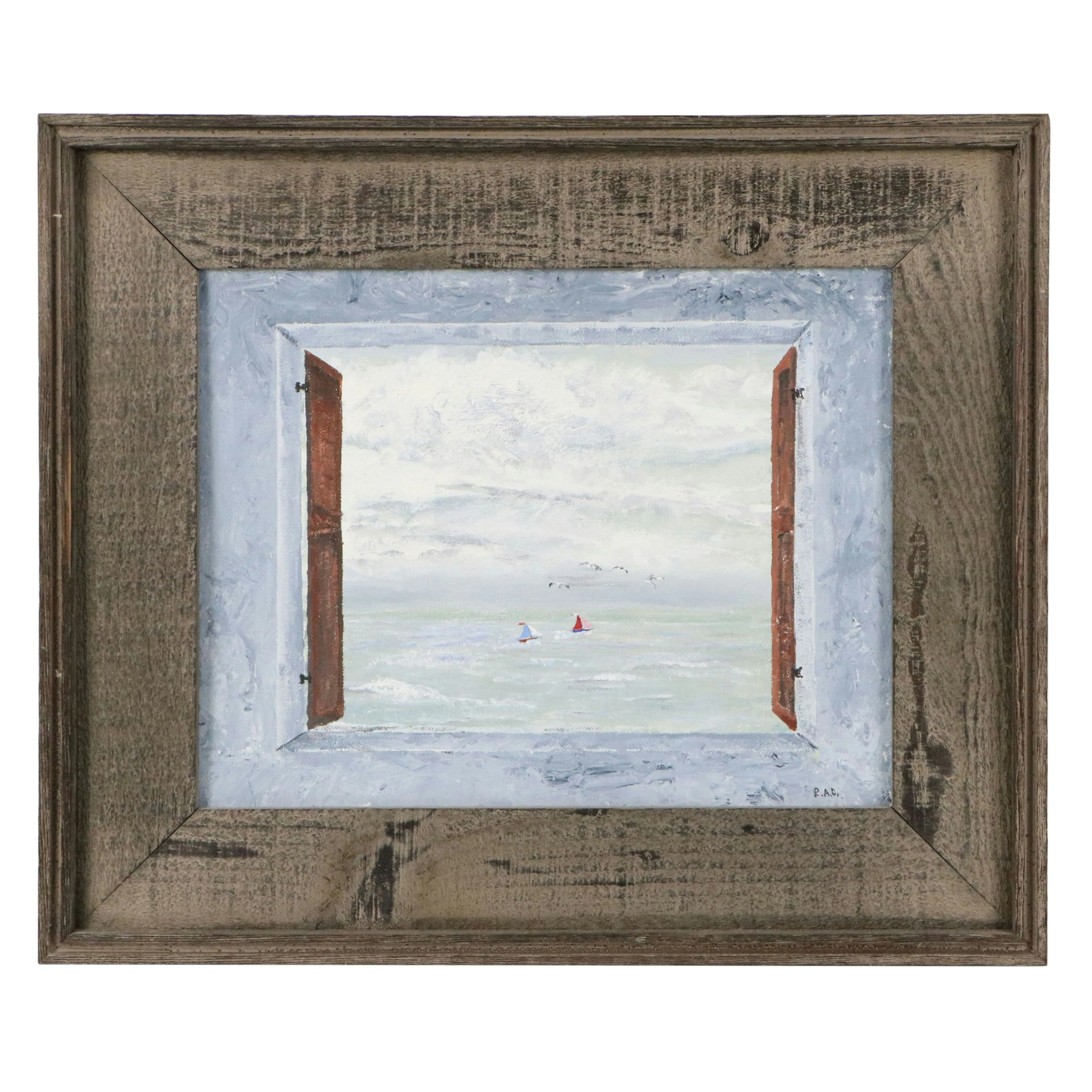 R. A. Draper Seascape Acrylic Painting of Sailboats Through Window