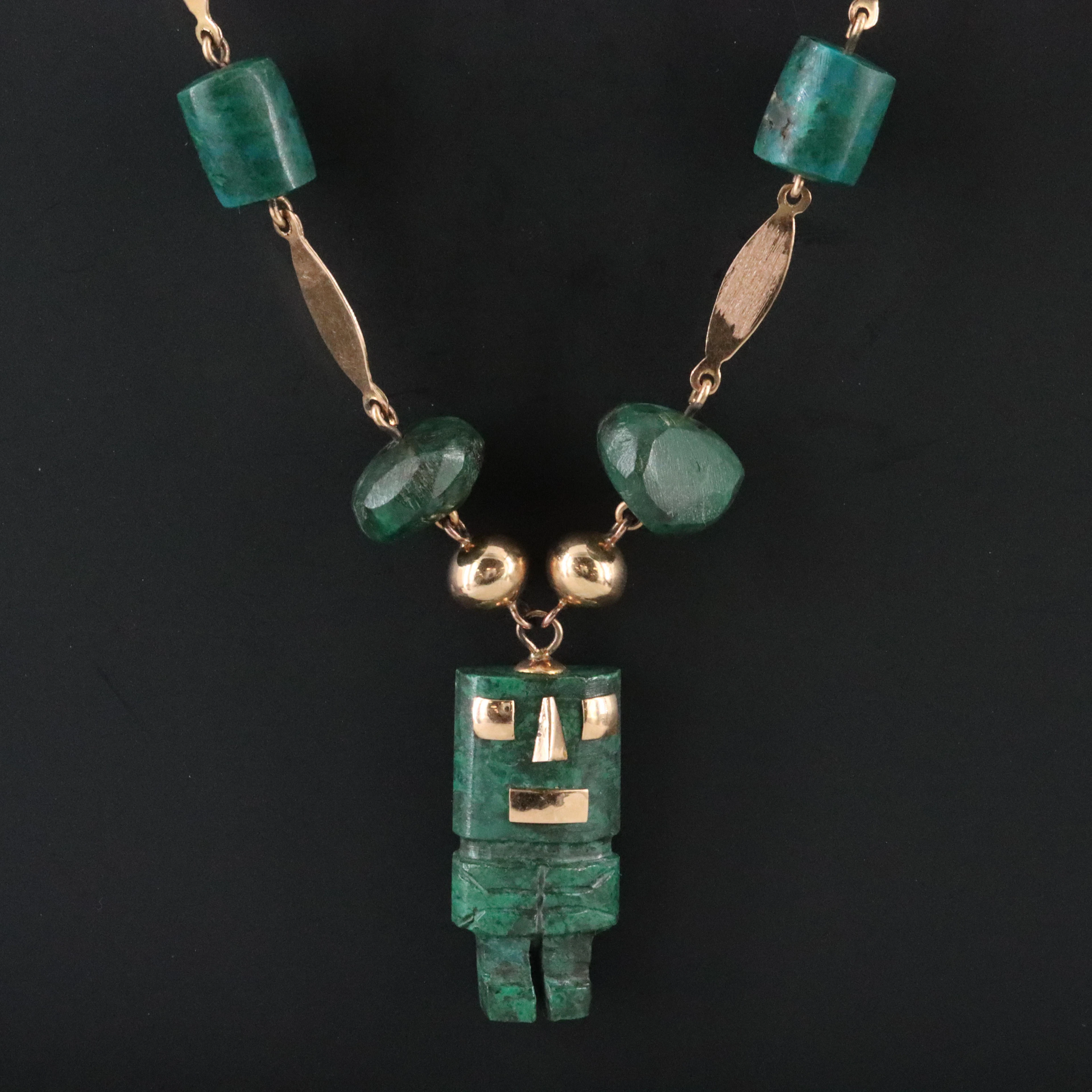 14K Mesoamerican Style Malachite and Chrysocolla Necklace with Carved Pendant