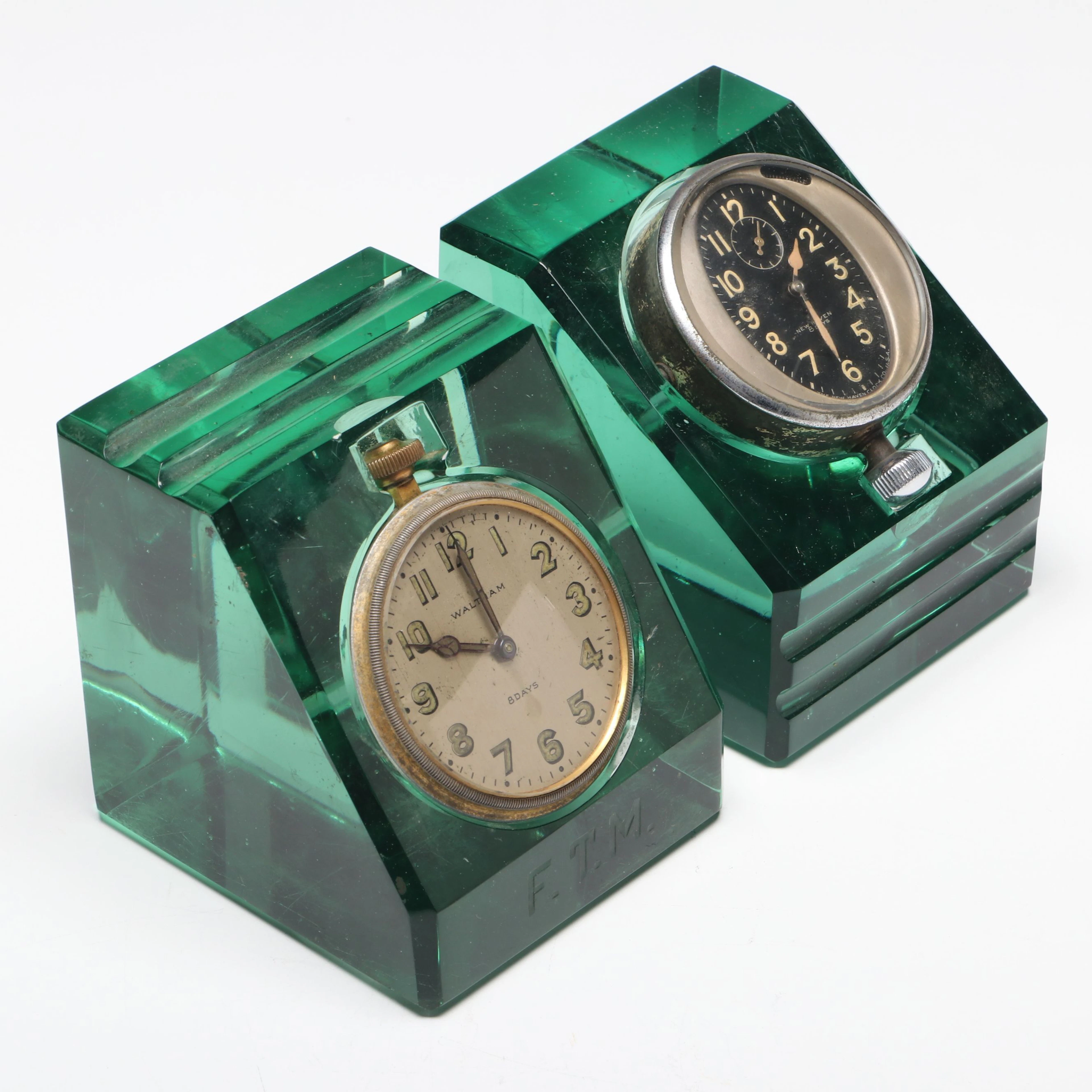 New Haven and Waltham Art Deco Style Clocks in Green Glass Cases, Early 20th C.