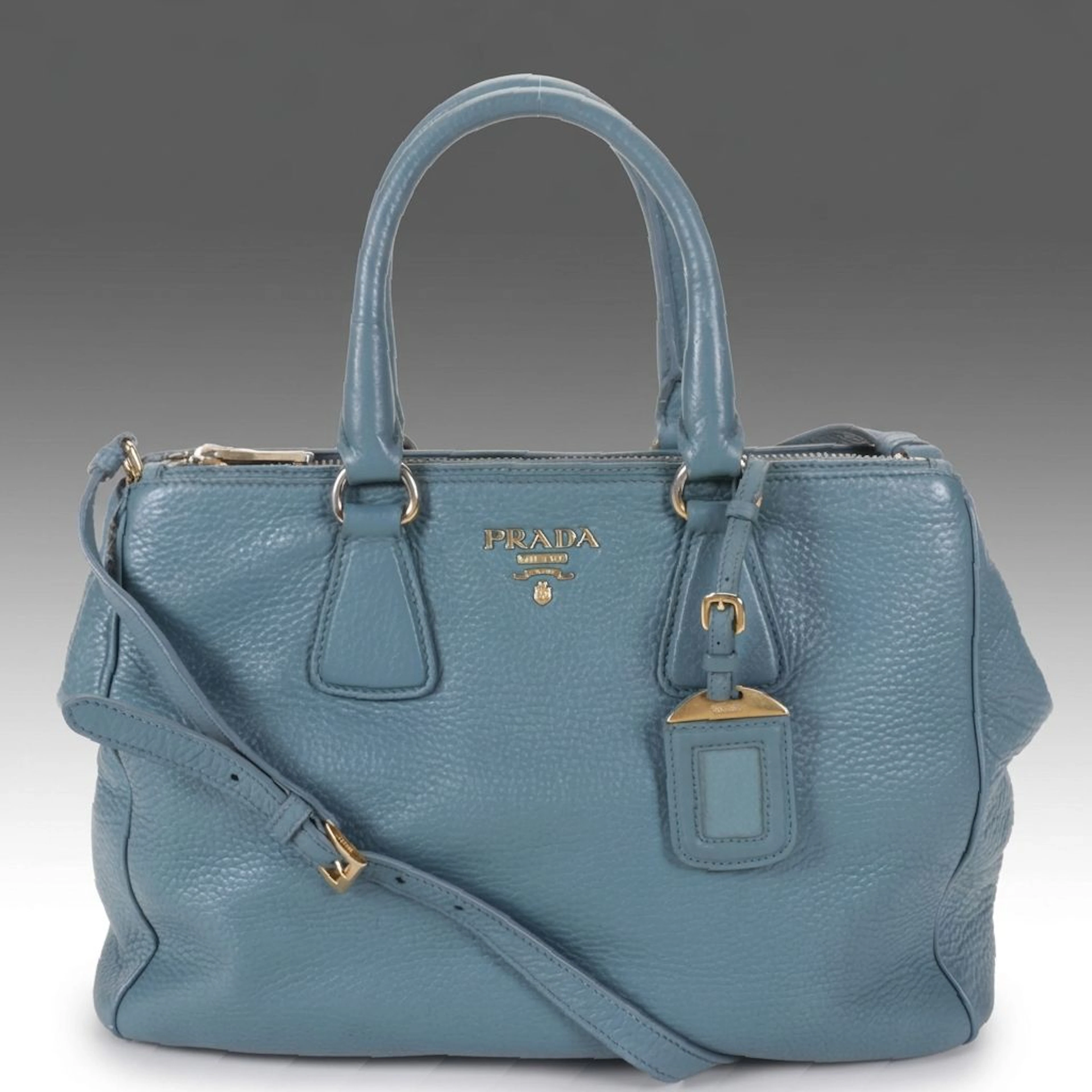 Prada Bauletto Satchel Two-Way Bag in Blue Vitello Daino Leather