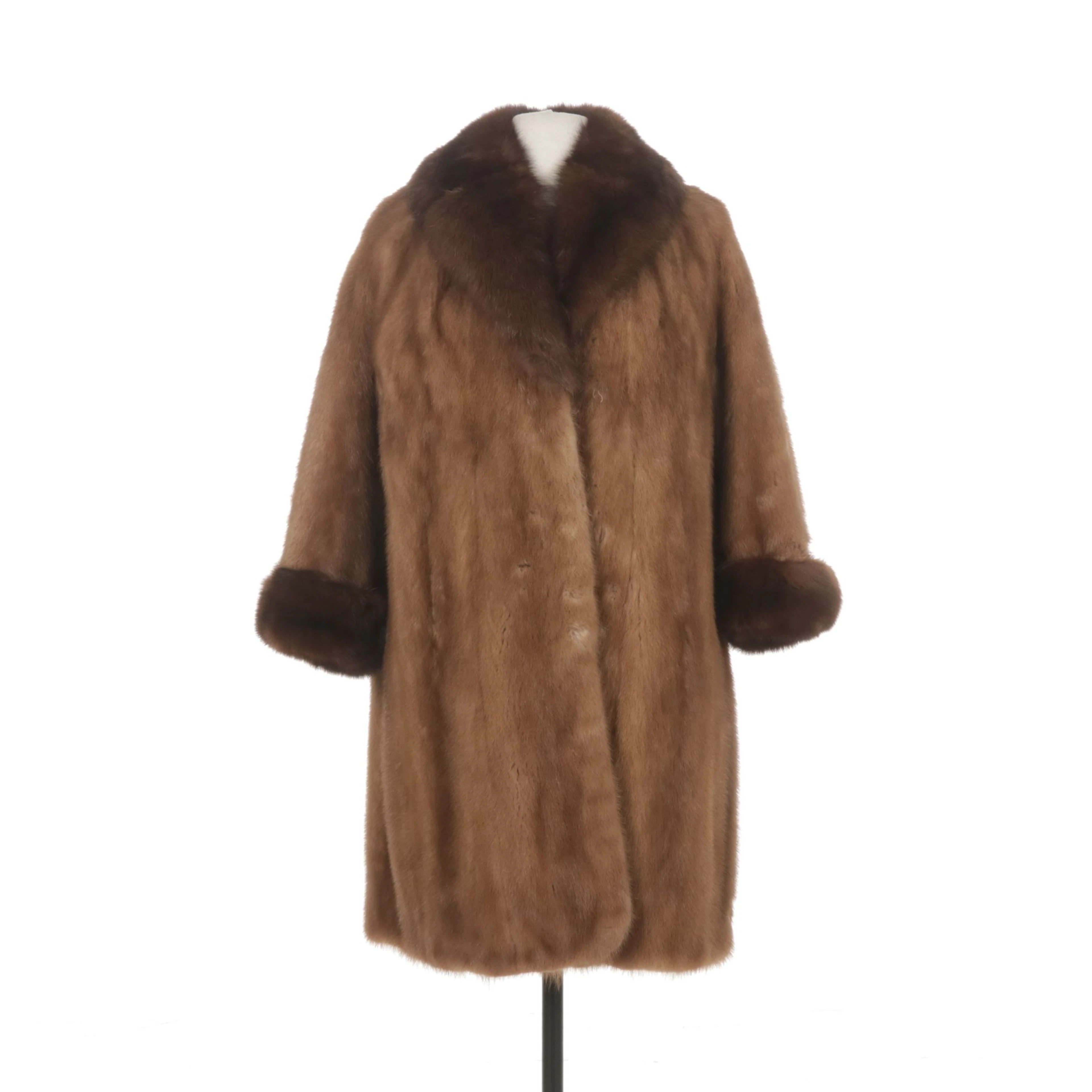 Chestnut Mink Fur Coat with Sable Fur Collar and Cuffs