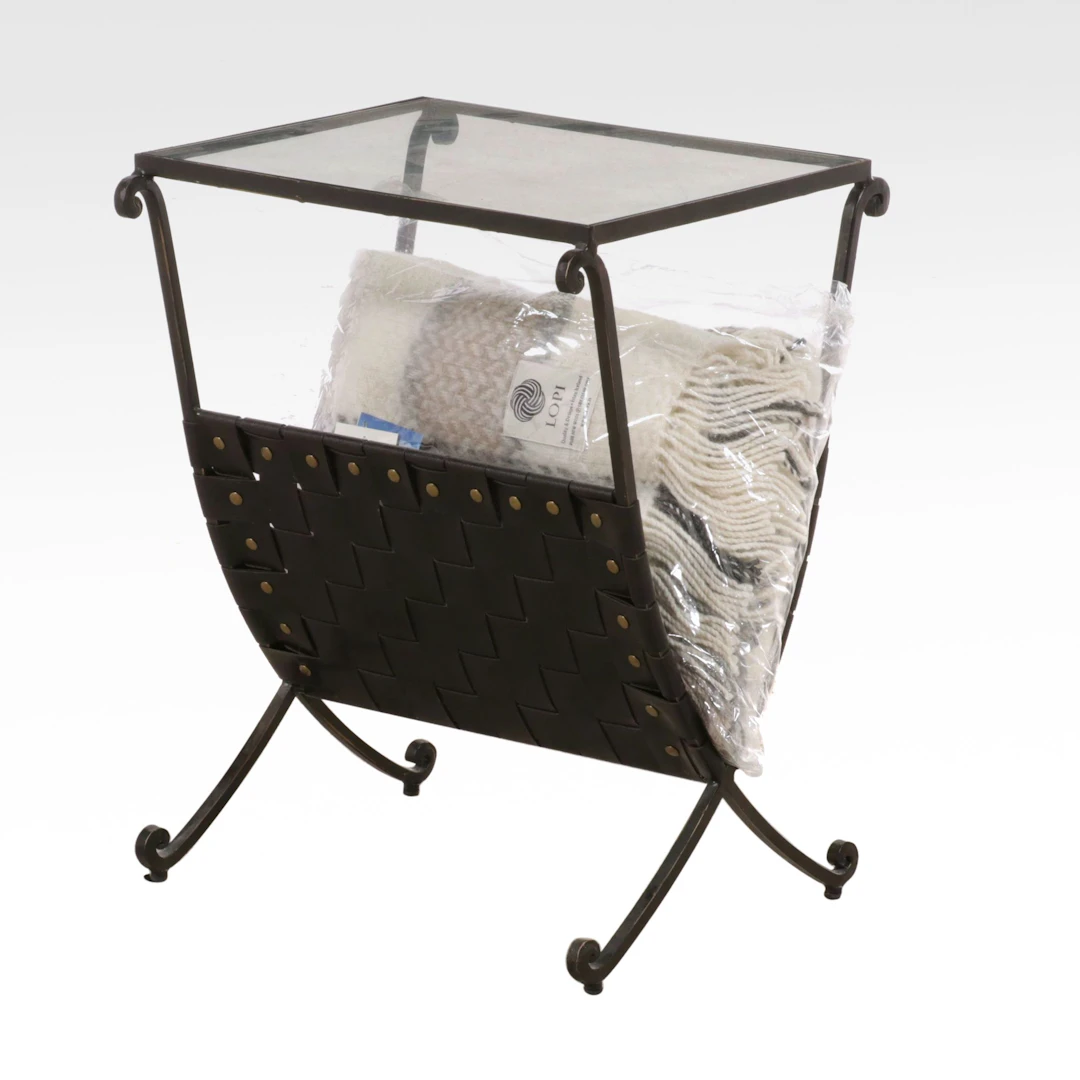 Directoire Style Glass Top Magazine Rack Side Table and Lopi Wool Throw Blanket