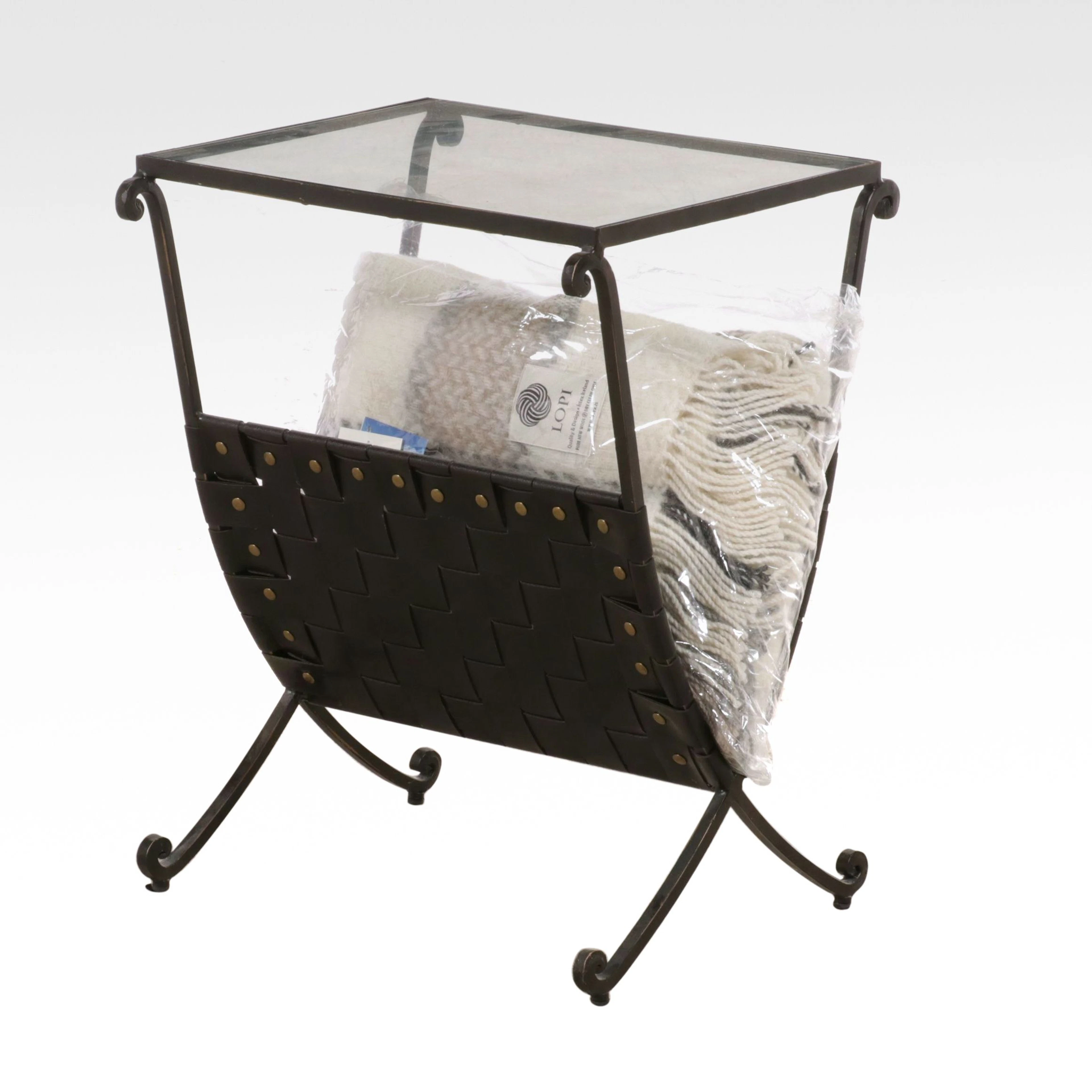 Directoire Style Glass Top Magazine Rack Side Table and Lopi Wool Throw Blanket