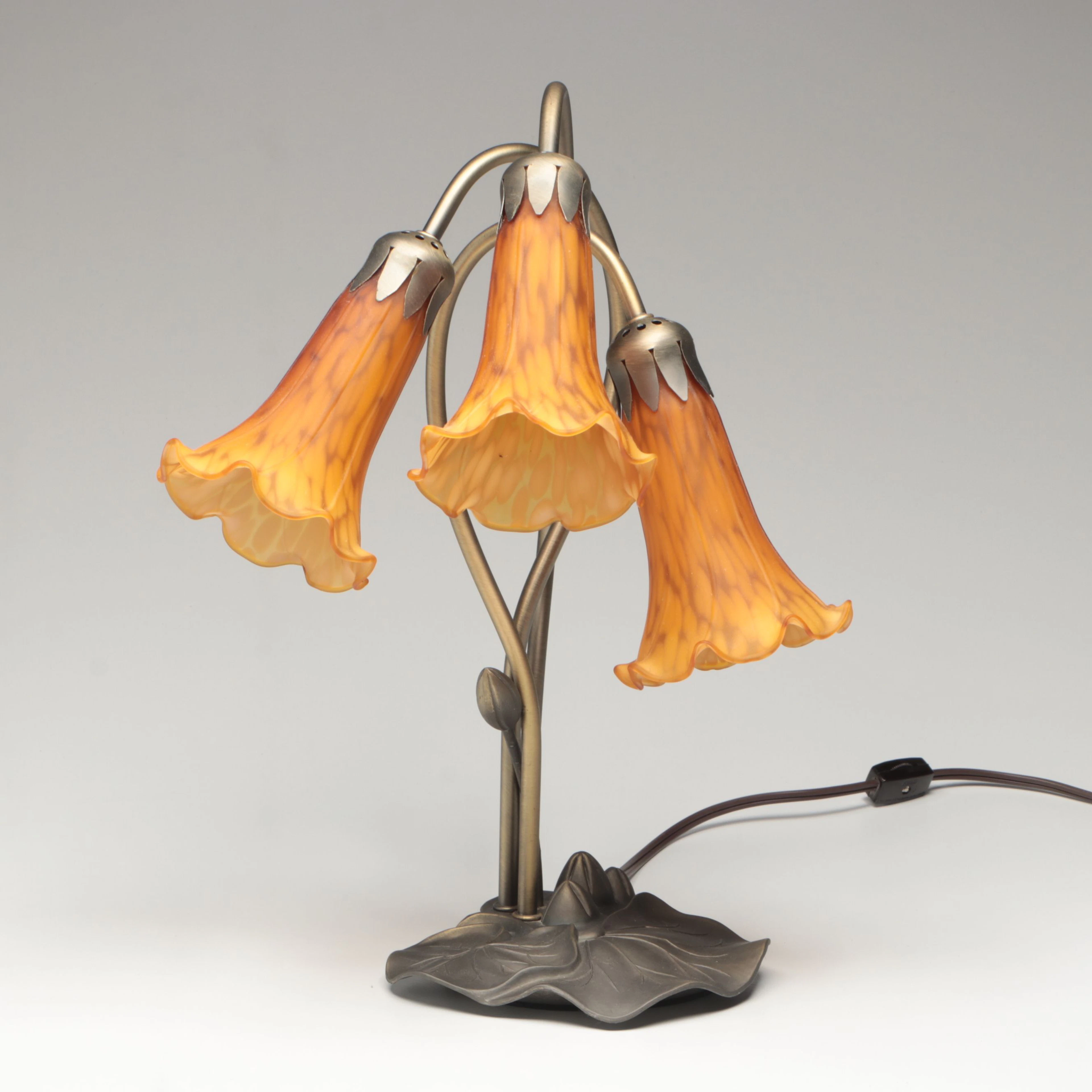 Art Nouveau Style Pond Lily Metal Table Lamp with Amber Glass Shades