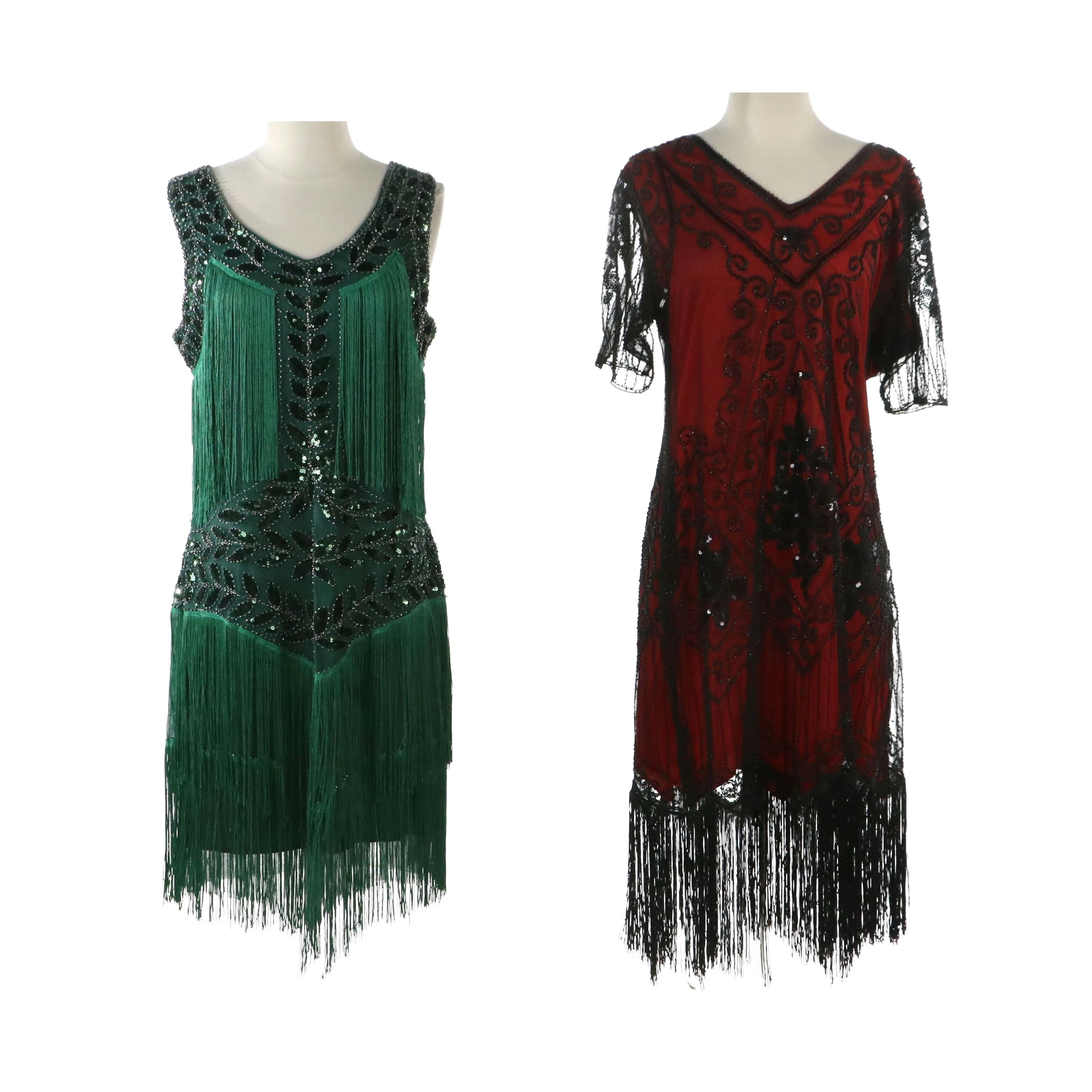 Sweet V Dark Green and Red Embellished Flapper-Style Dresses, With Tags