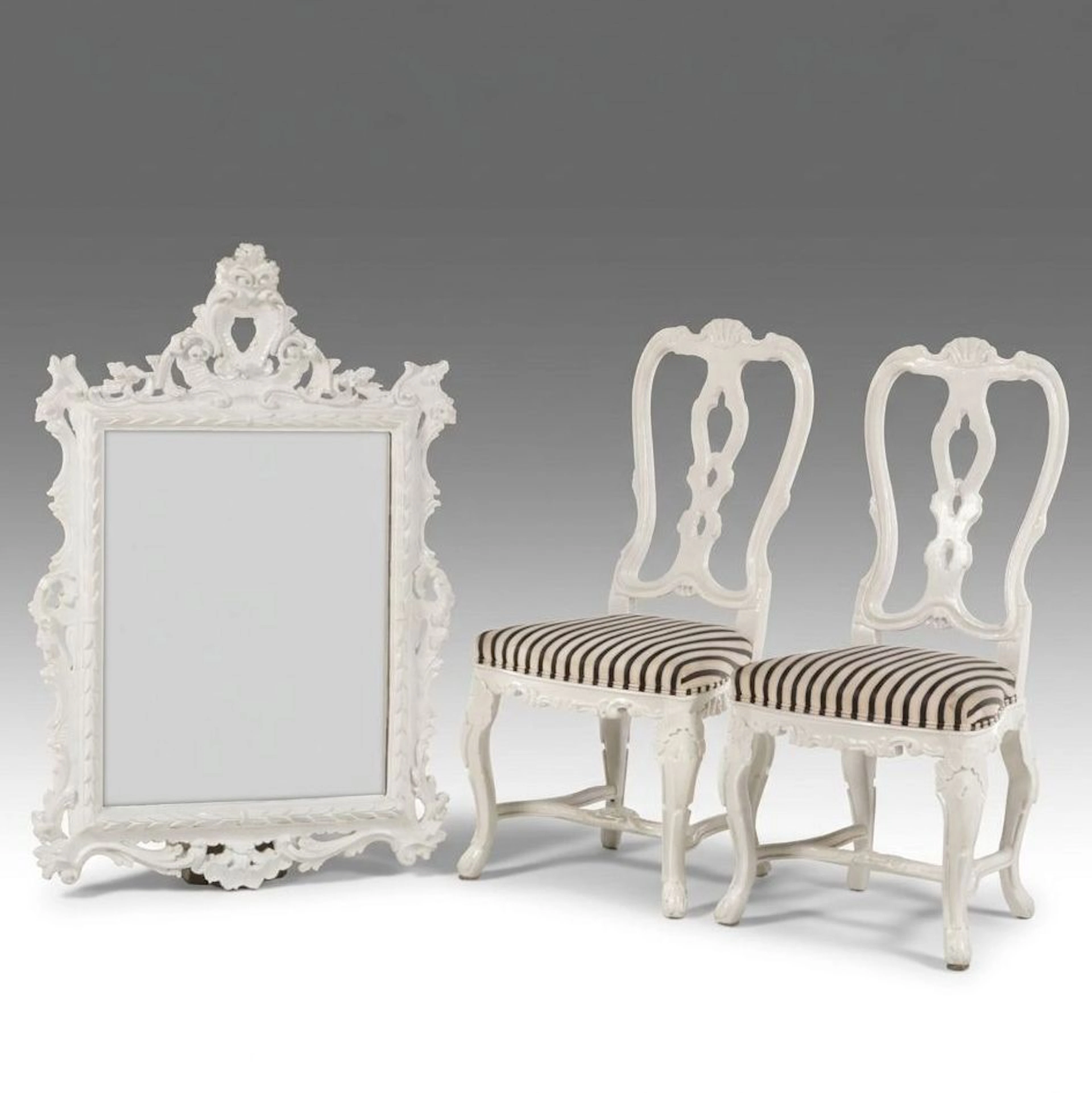 Rococo Revival Style White Painted Wall Mirror and Side Chairs