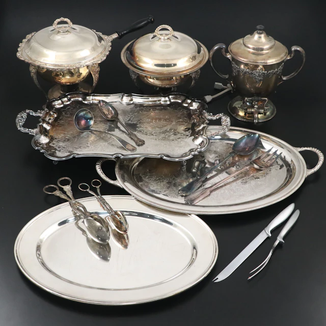 Wm Rogers Chafing Dish with Other Silver Plate Serving Pieces and Utensils