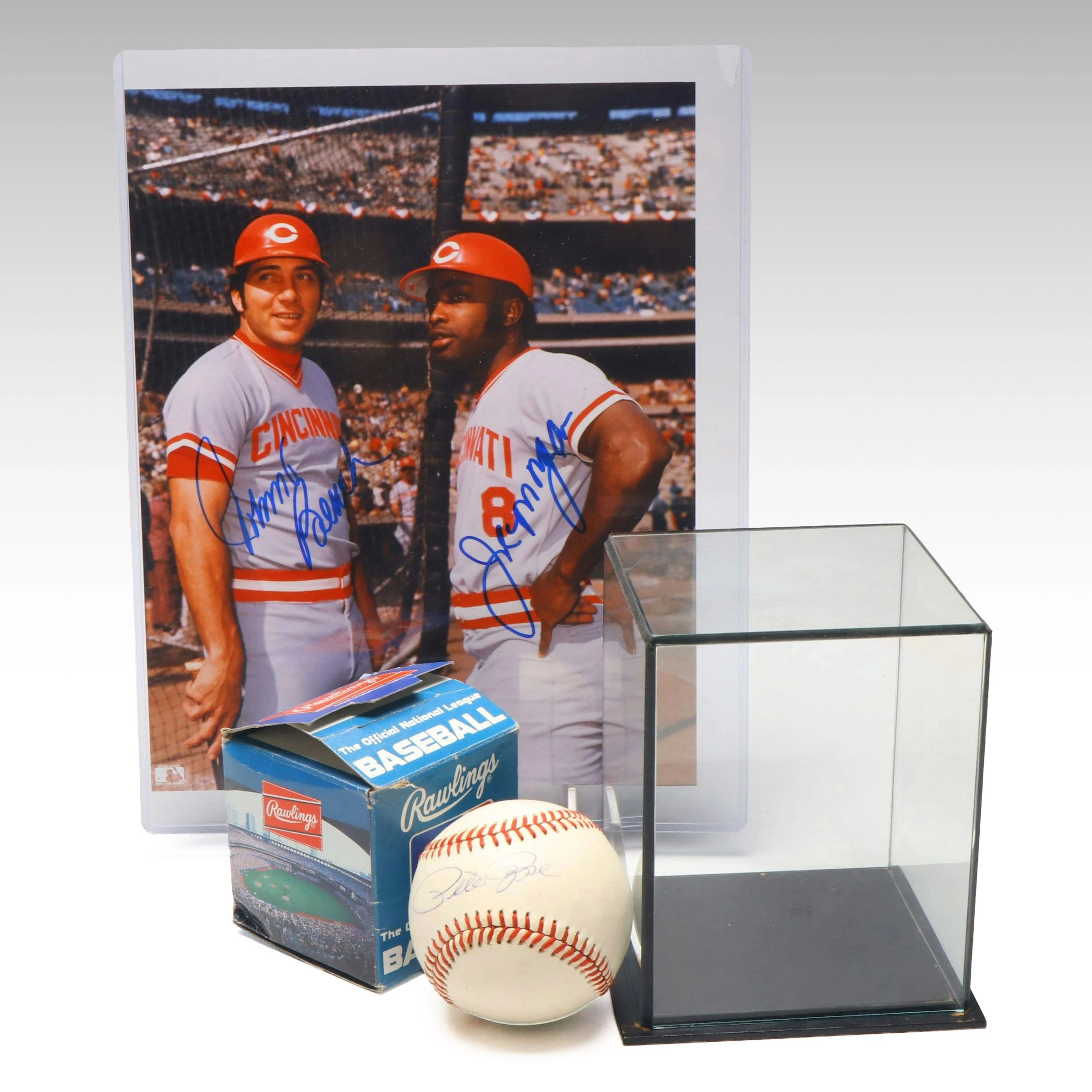 Pete Rose Signed Baseball with Joe Morgan and Johnny Bench Signed Print