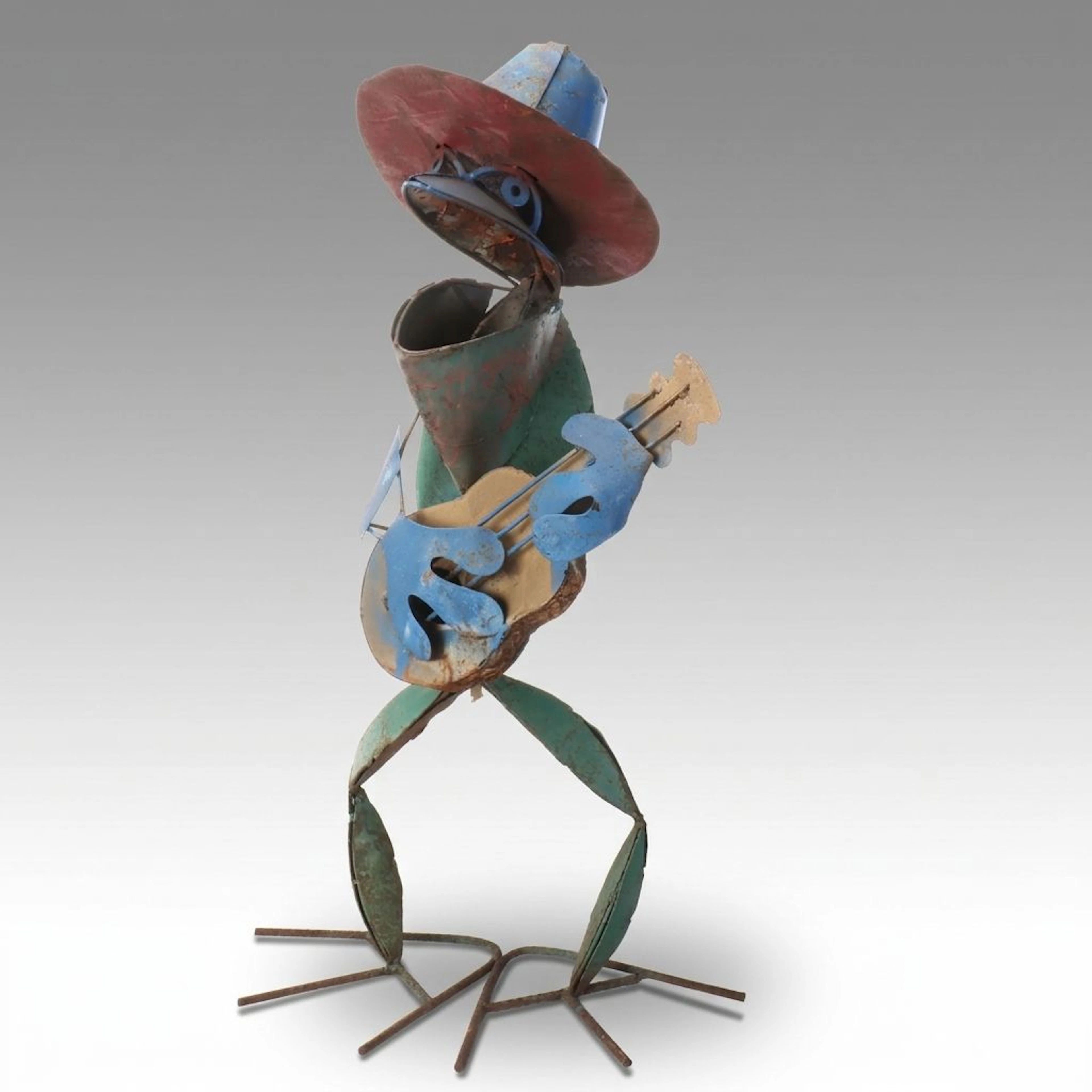 Folk Art Style Polychrome Scrap Metal Frog Lawn Sculpture