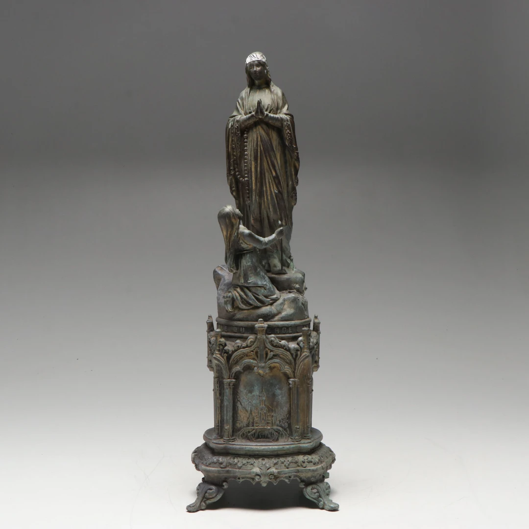 Metal Figurine of Virgin Mary with Kneeling Worshipper
