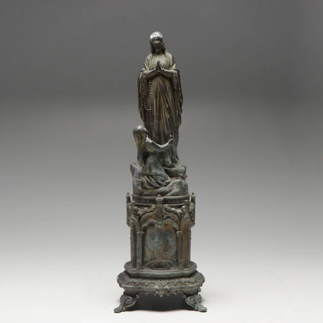 Metal Figurine of Virgin Mary with Kneeling Worshipper
