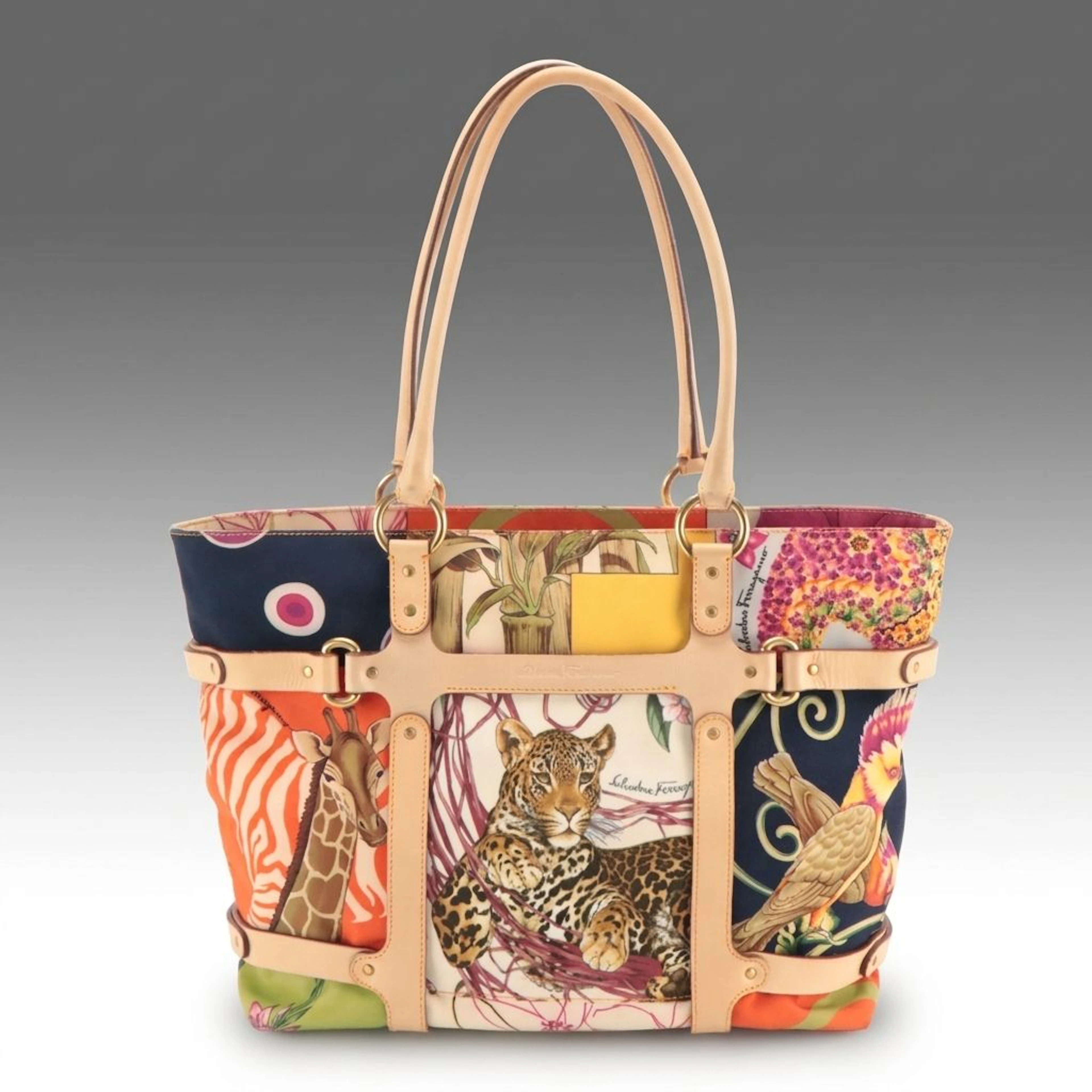 Salvatore Ferragamo Tote Bag in Multicolor Jungle Print Nylon and Leather