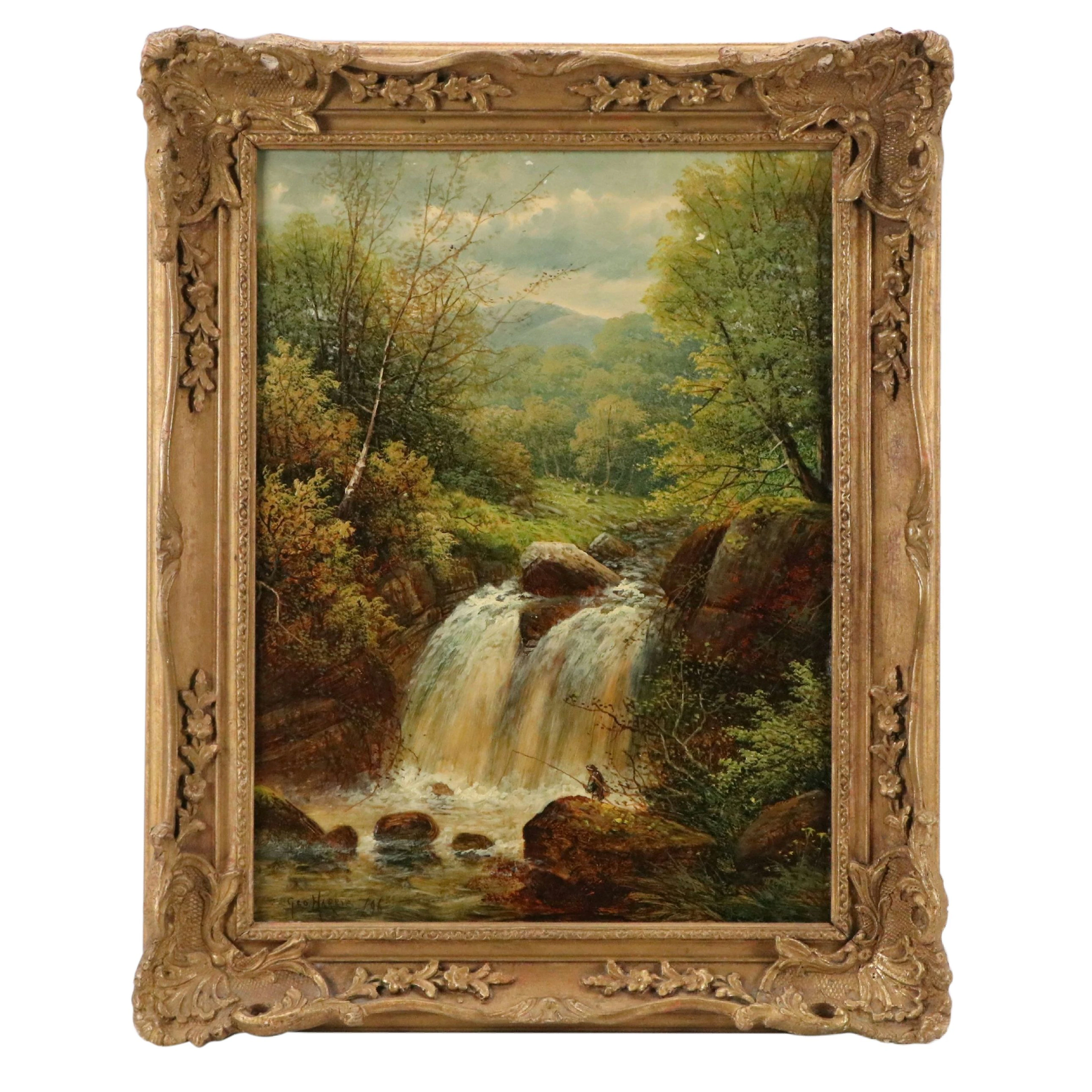 George Harris Landscape Oil Painting with Waterfall and Fisherman, 1896