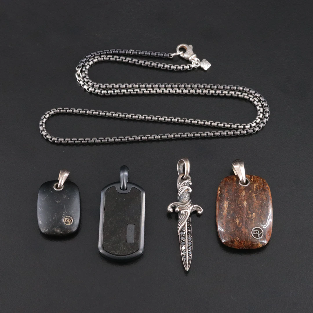 David Yurman Darkened Sterling Chain, Black Diamond Dagger and Gemstone Amulets