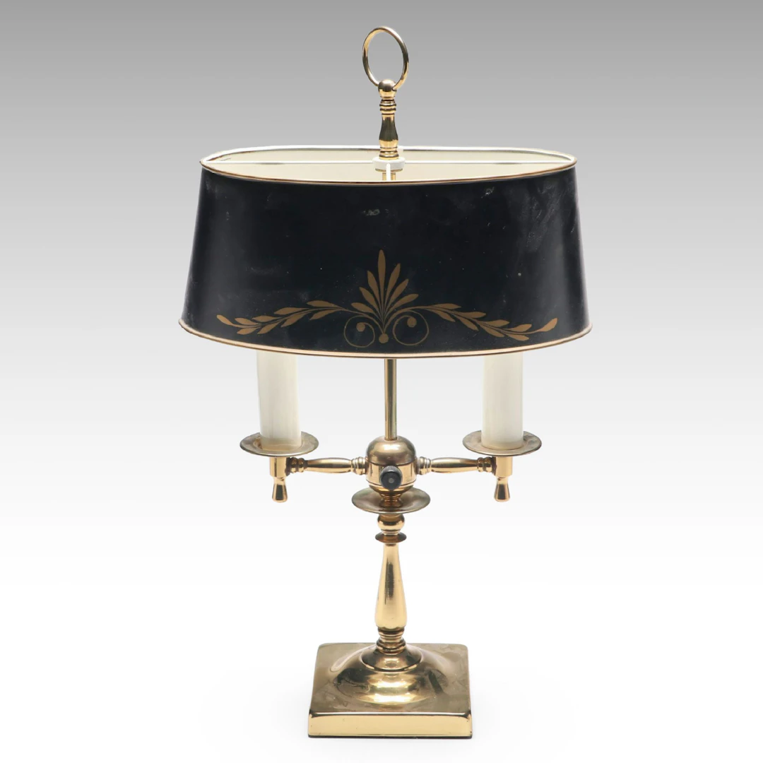 French Bouillotte Style Brass Table Lamp with Tole Shade