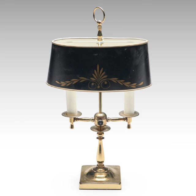 French Bouillotte Style Brass Table Lamp with Tole Shade