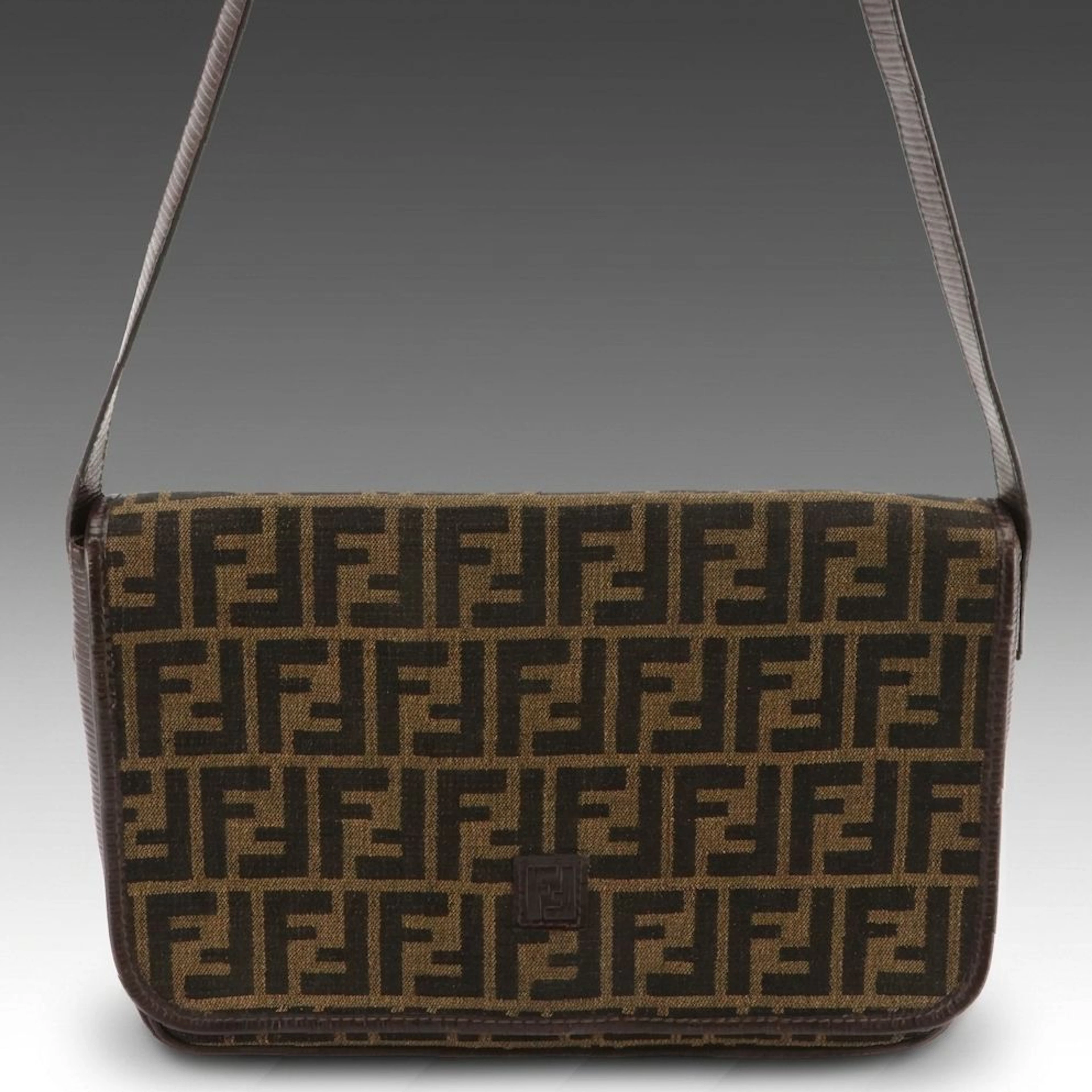 Fendi Full Flap Shoulder Bag in Zucca Canvas with Leather Trim, Vintage