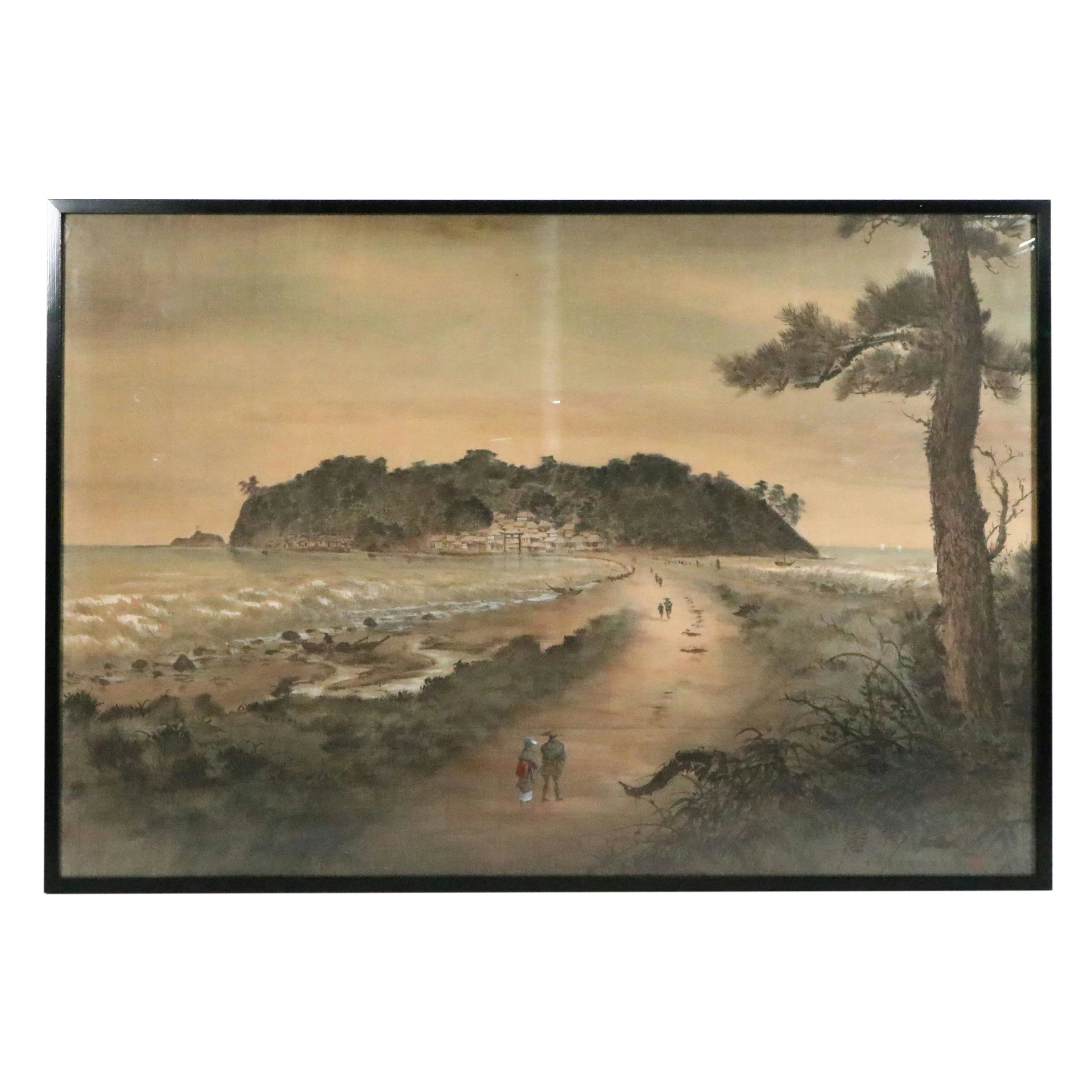 Japanese Ink and Watercolor Painting of Enoshima Island