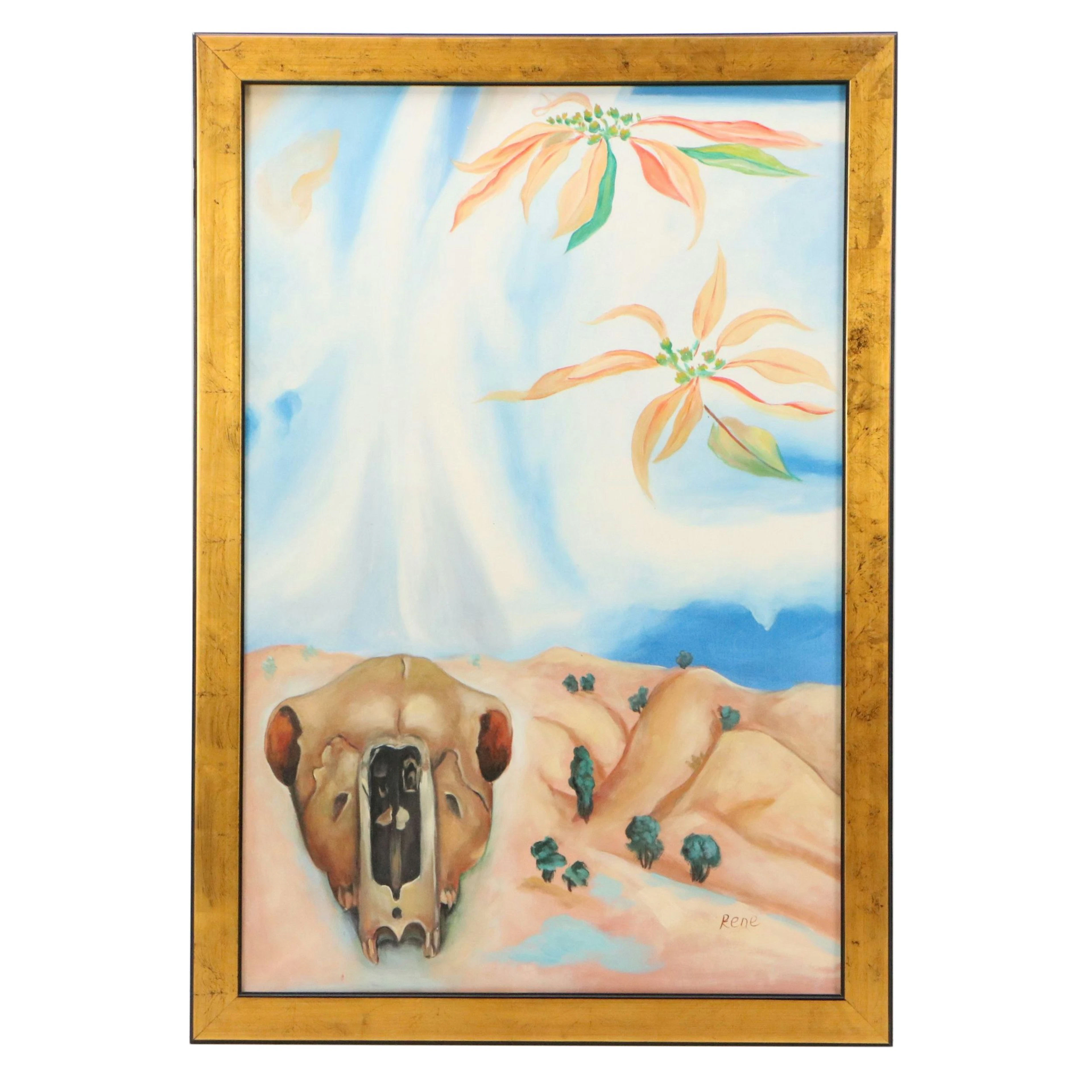 After Georgia O'Keeffe Oil Painting "Mule's Skull with Pink Poinsettias"