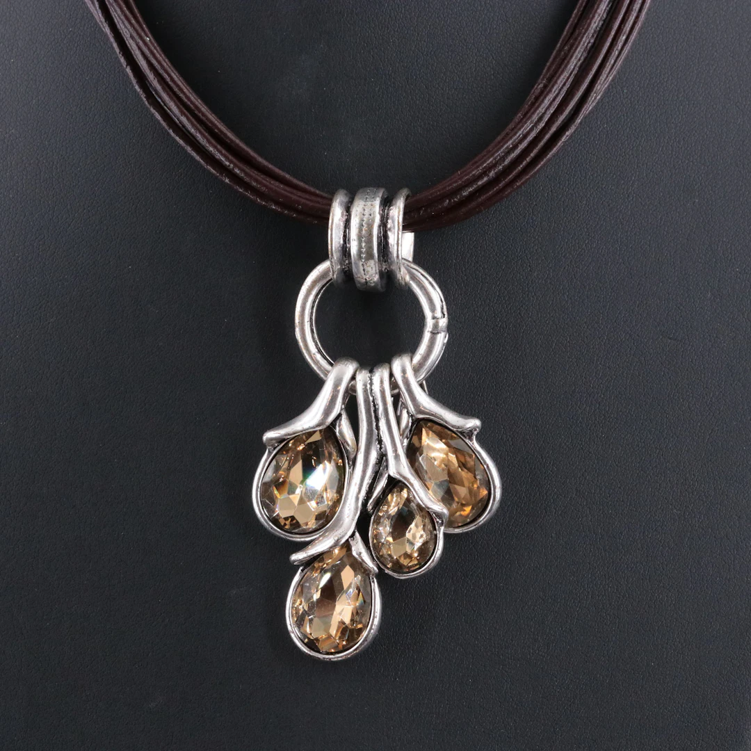 Multi-Strand Cord Botanical Crystal Drop Necklace