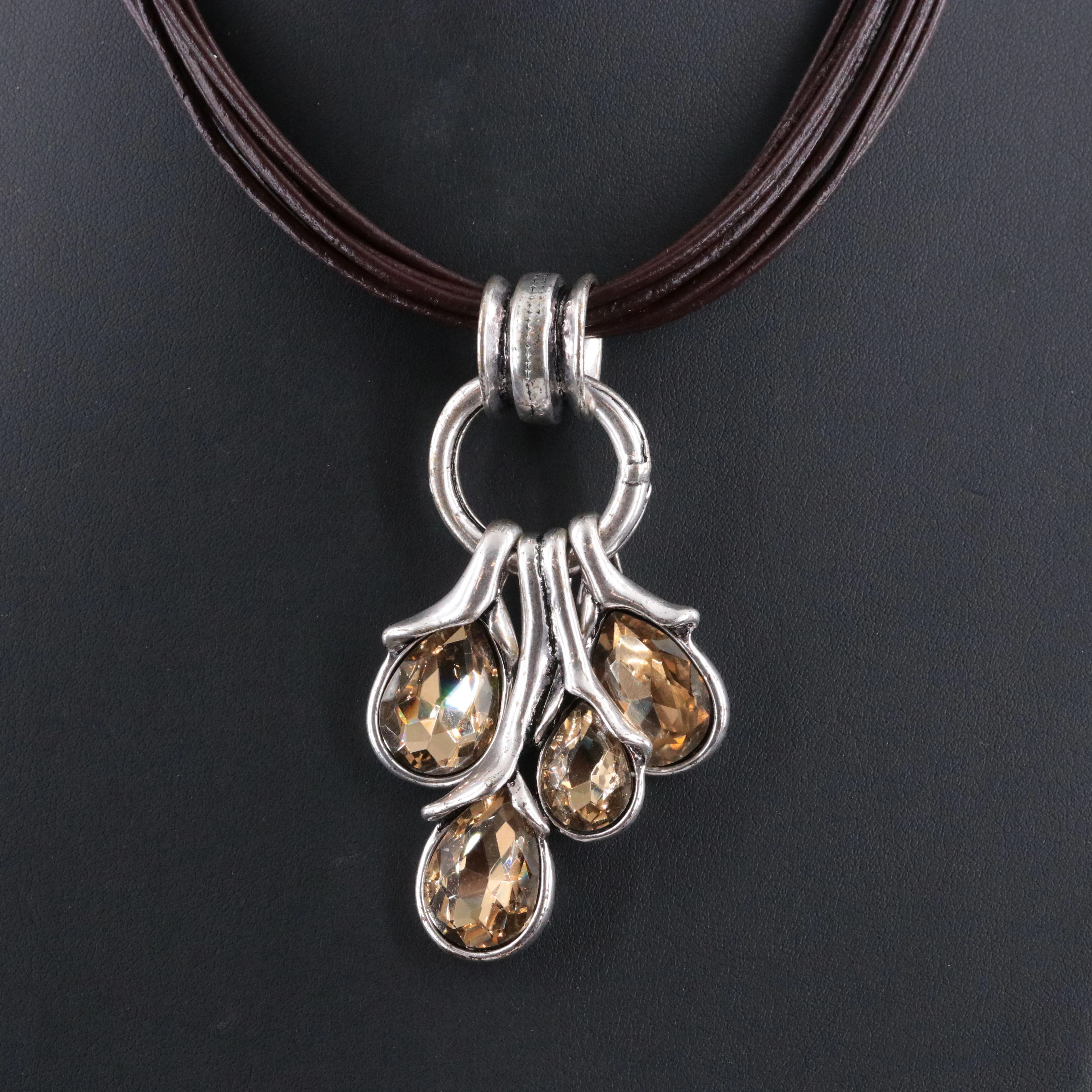 Multi-Strand Cord Botanical Crystal Drop Necklace