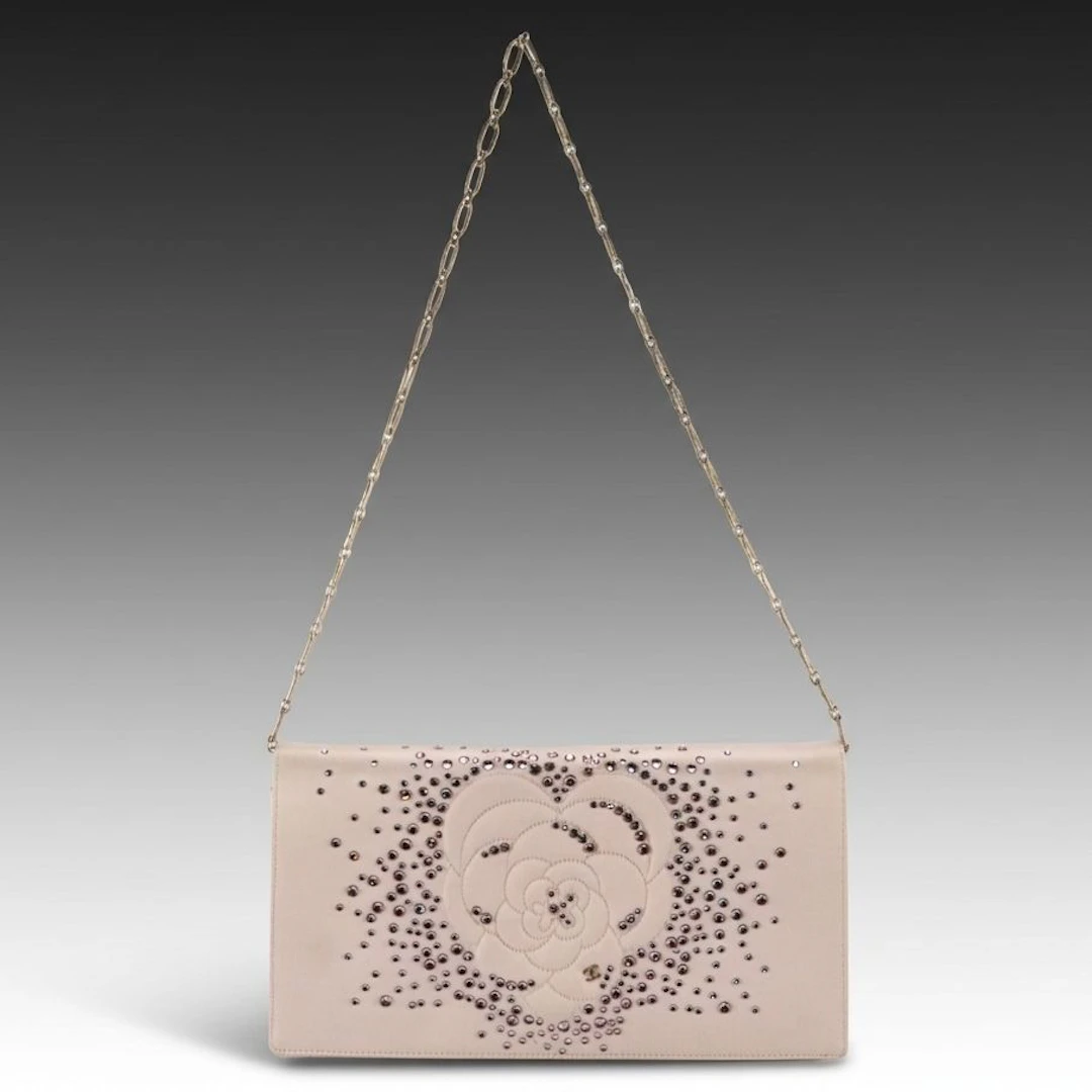 Chanel Rhinestone Embellished Camellia Clutch on Chain in Pale Pink Silk Satin