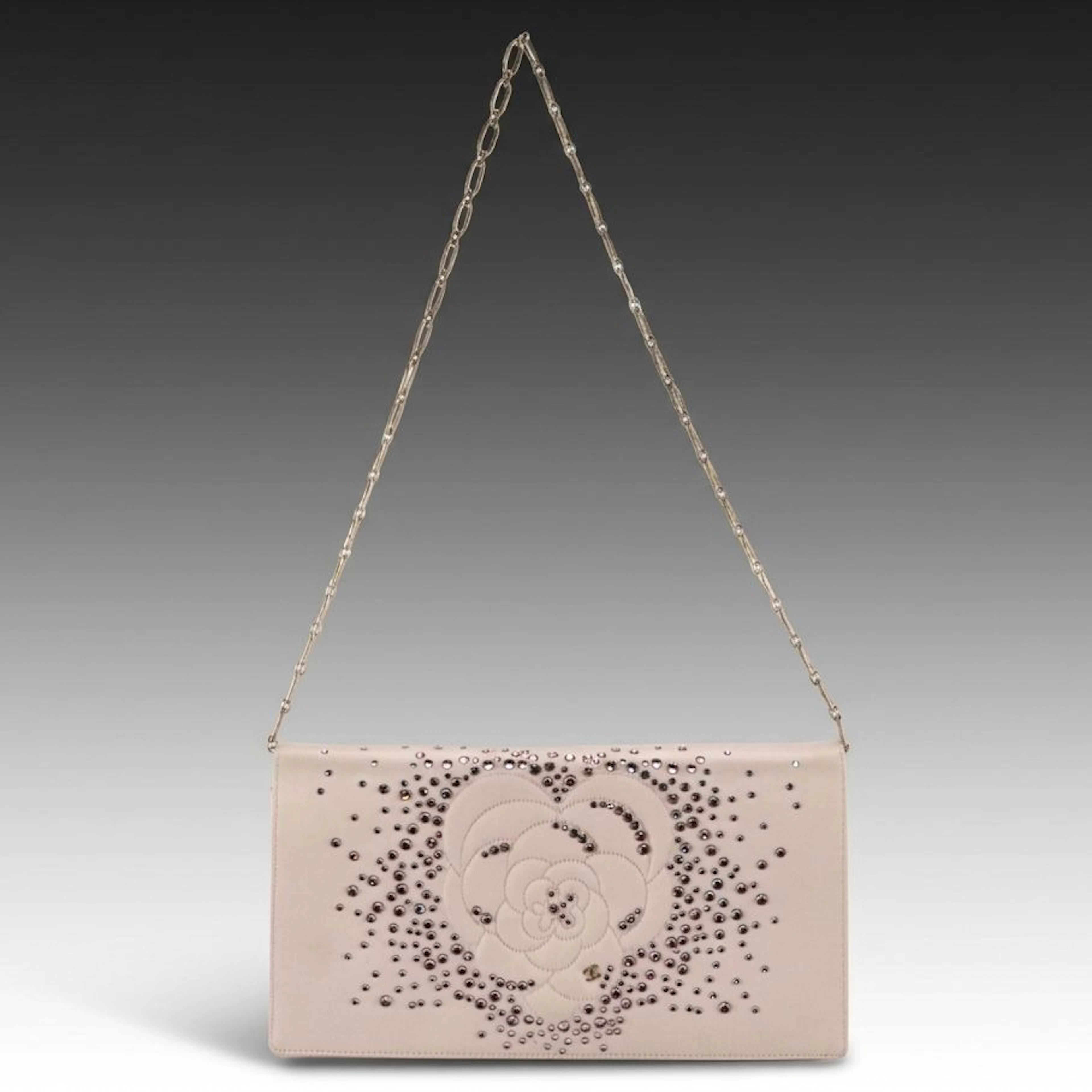 Chanel Rhinestone Embellished Camellia Clutch on Chain in Pale Pink Silk Satin