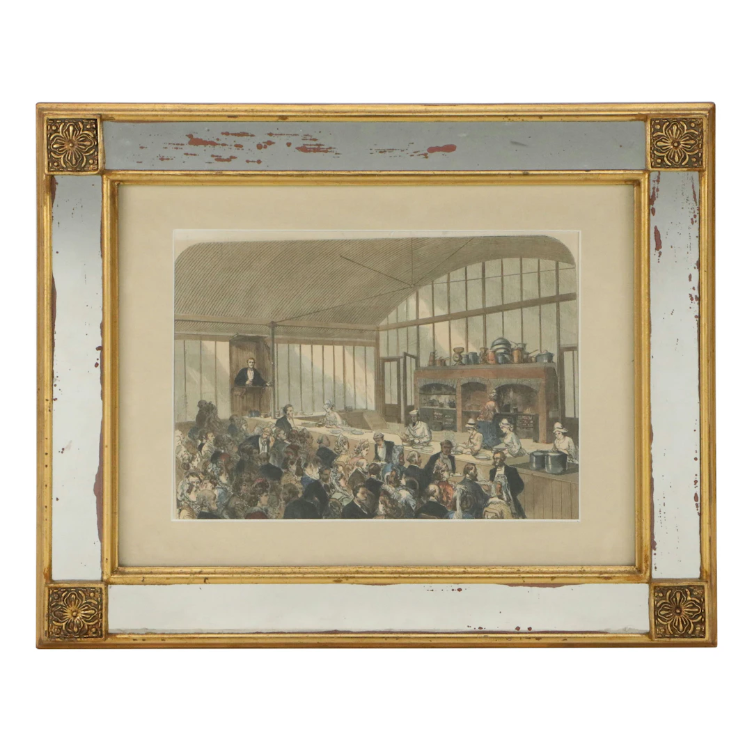 English School Antique Hand-Colored Engraving News Illustration of Lecture