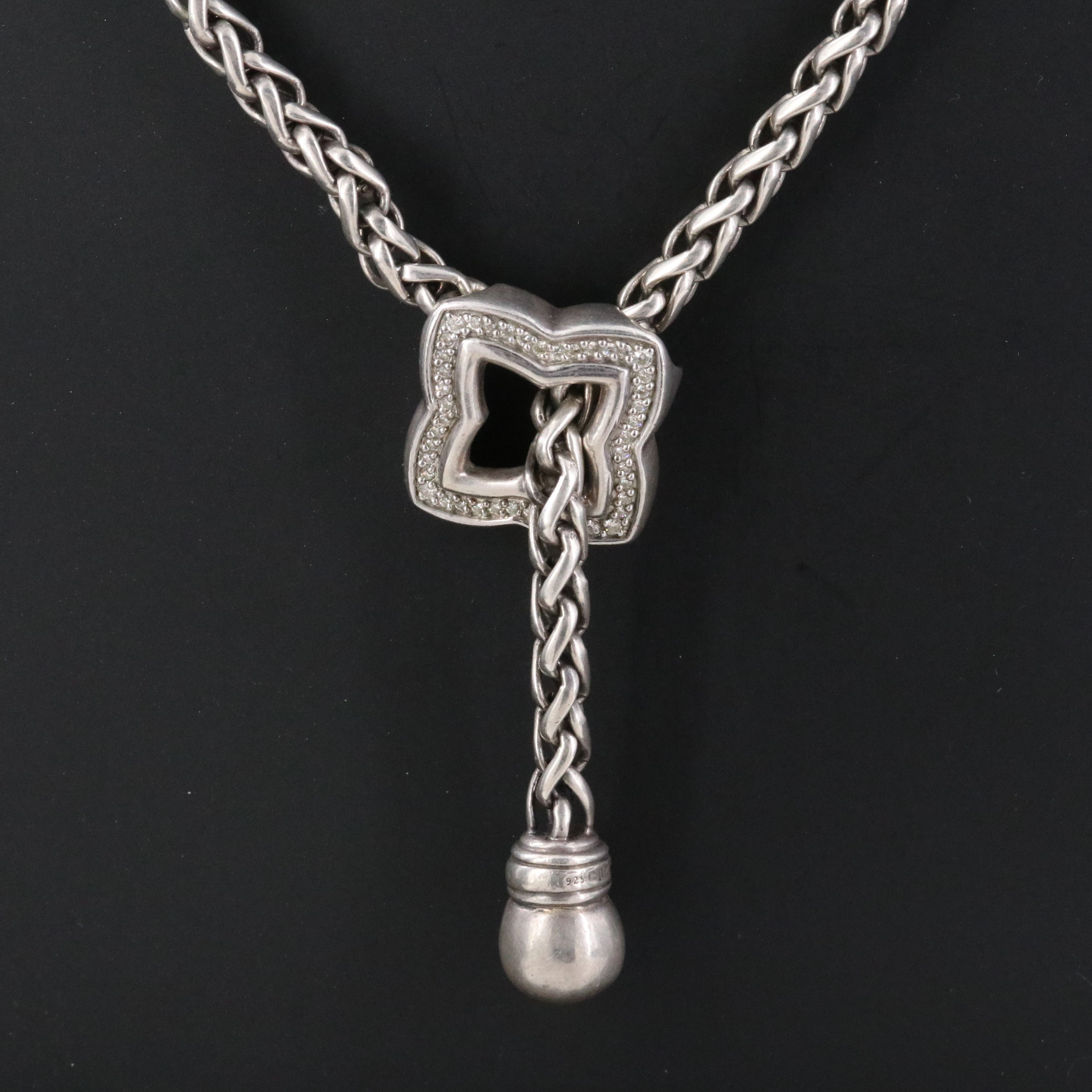 David Yurman Sterling 0.35 CTW Diamond Quatrefoil Wheat Chain Lariat Necklace