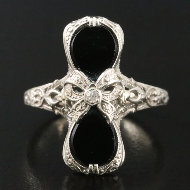 Art Deco 14K Black Onyx and Diamond Openwork Hourglass Bow Ring