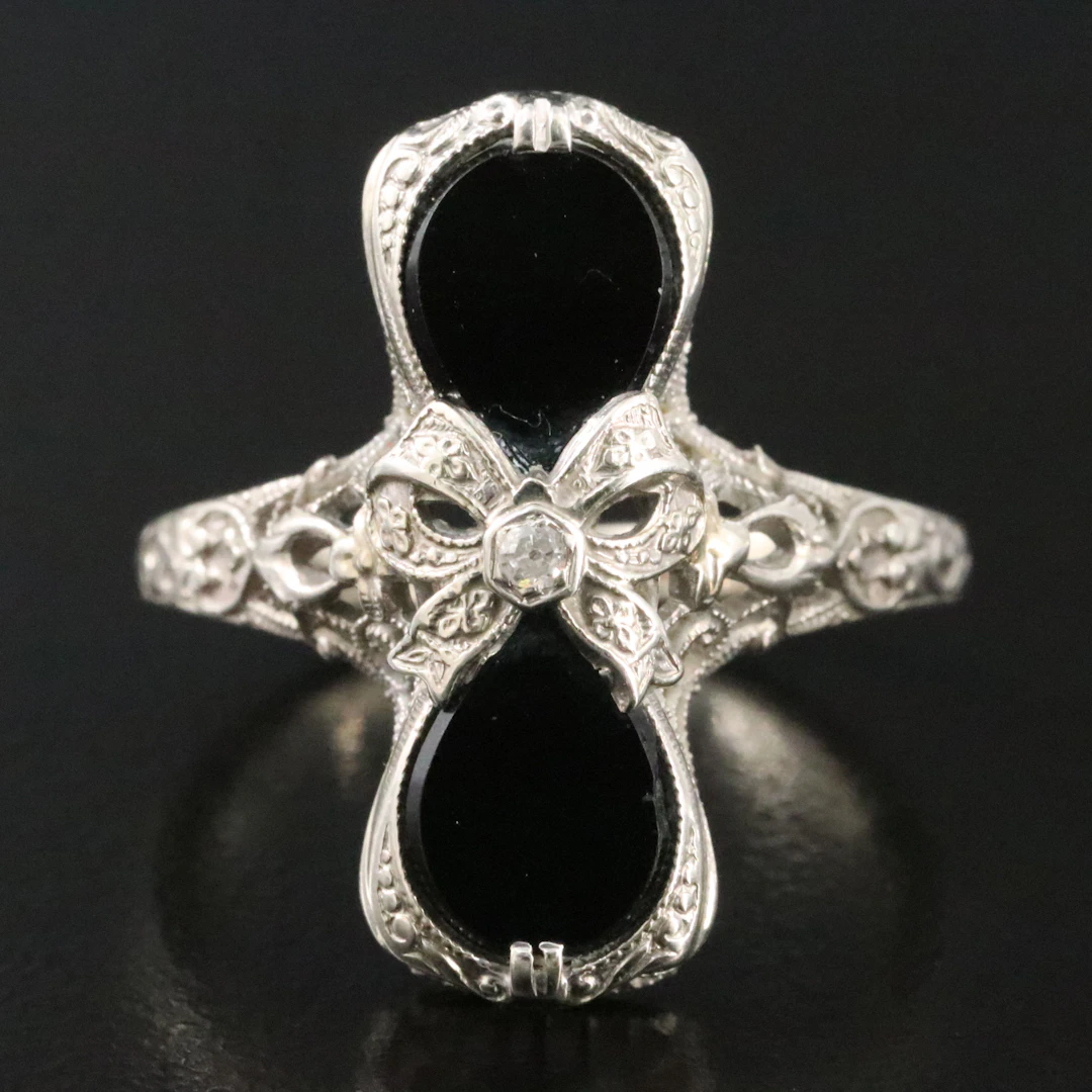 Art Deco 14K Black Onyx and Diamond Openwork Hourglass Bow Ring
