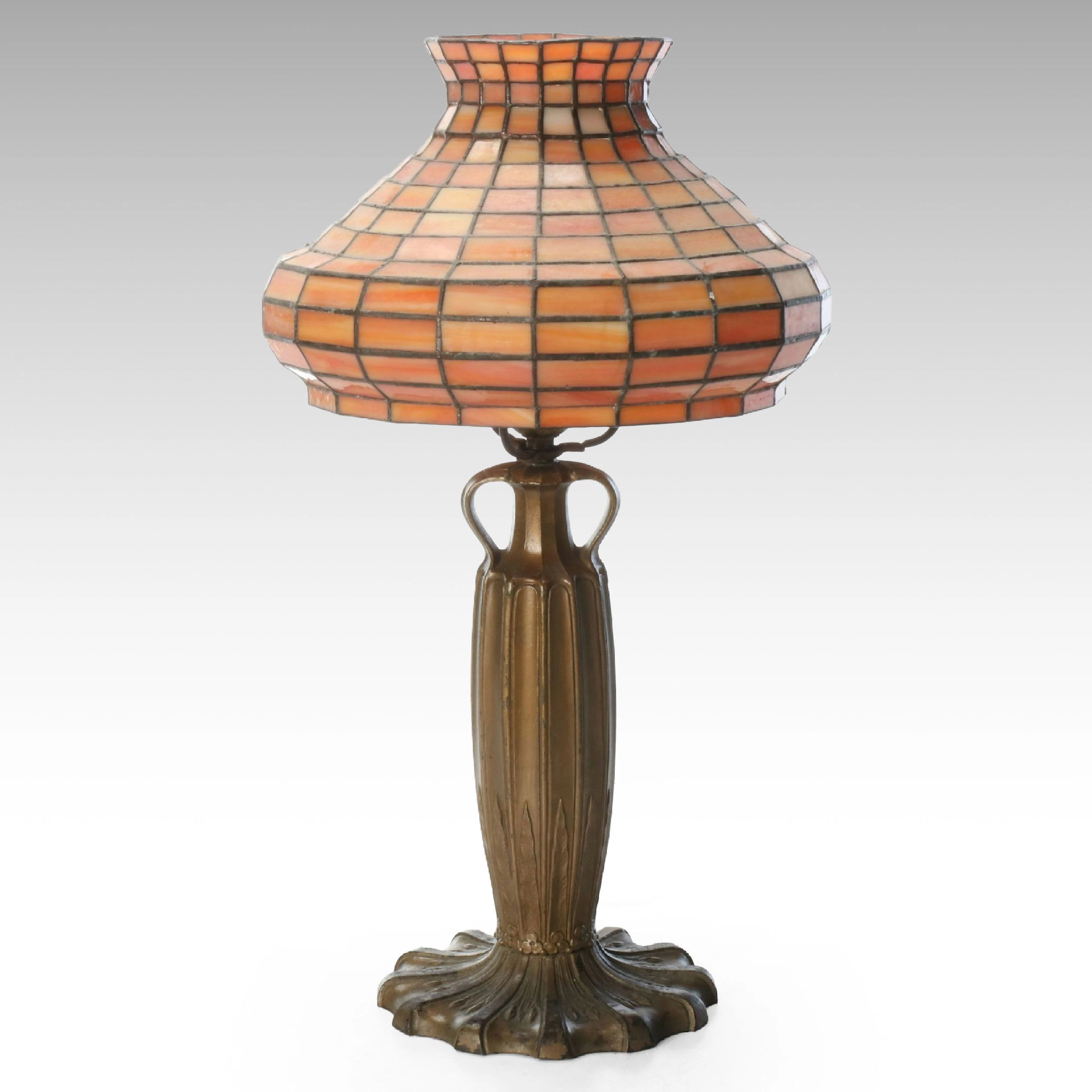 Art Nouveau Style Brass Table Lamp with Orange Mosaic Slag Glass Shade