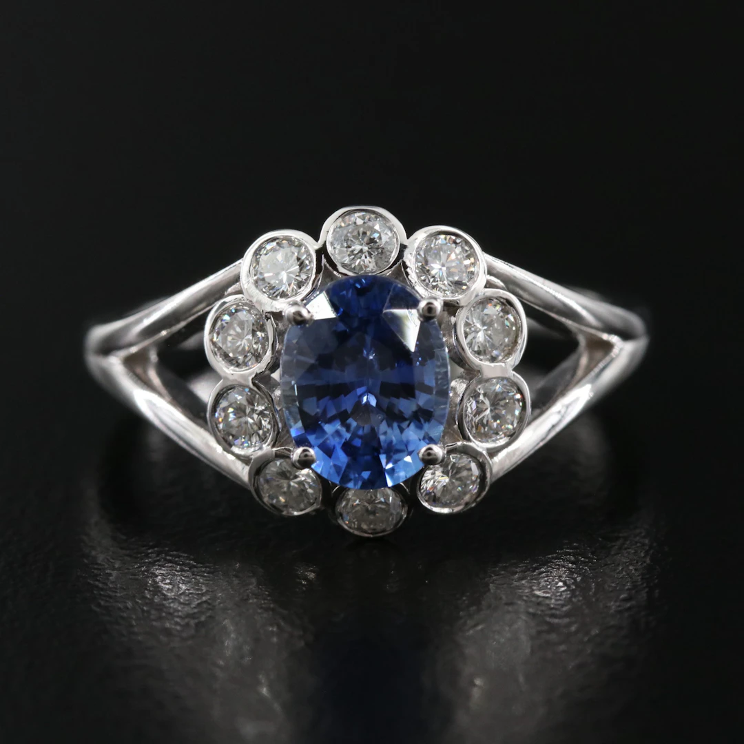 14K 1.42 CT Ceylon Sapphire and 0.44 CTW Diamond Halo Ring with GIA Report