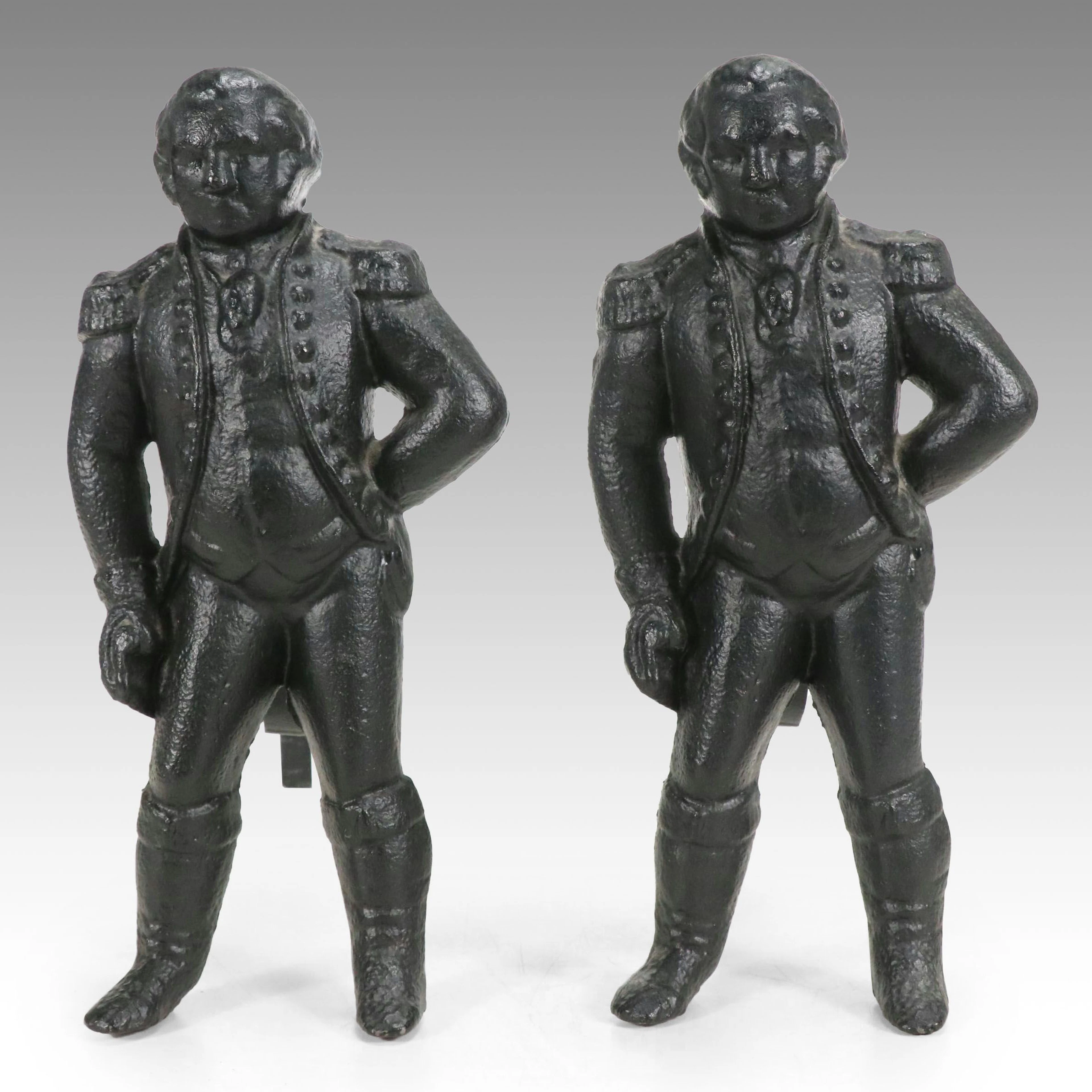 Virginia Metalcrafters Cast Iron George Washington Andirons, 20th Century