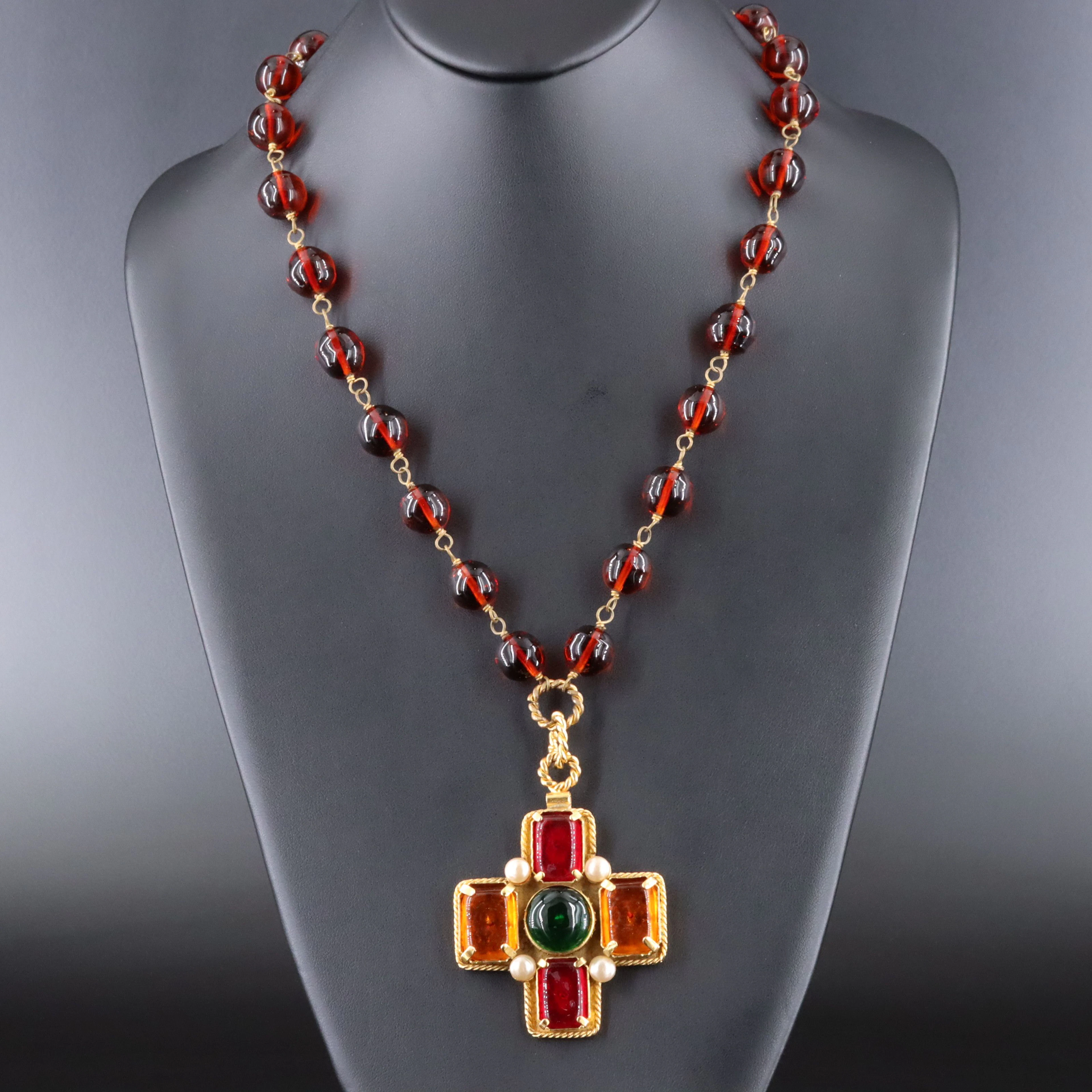 Chanel Gripoix Glass Maltese Cross Necklace, 1988