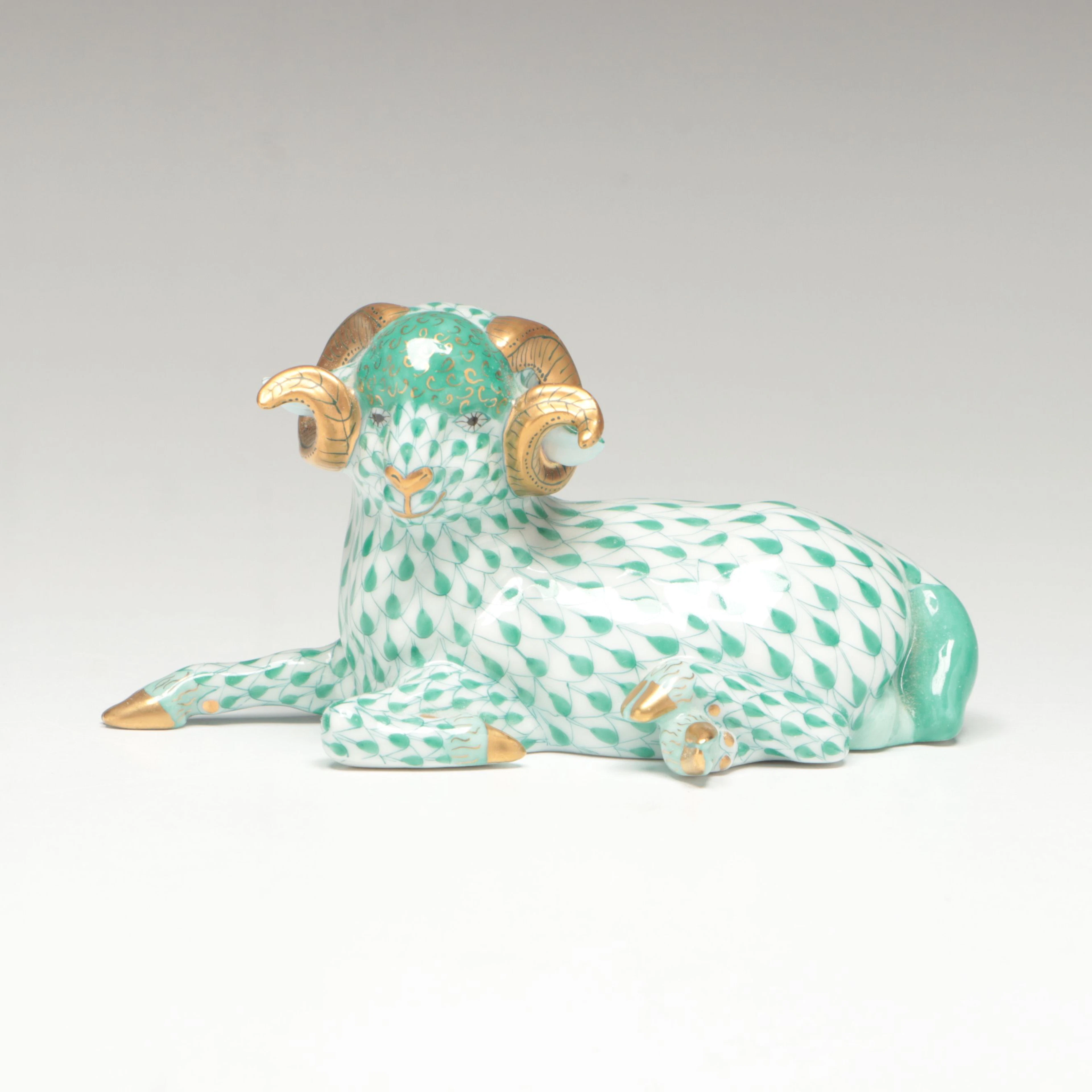 Herend Green Fishnet with Gold "Ram" Porcelain Figurine