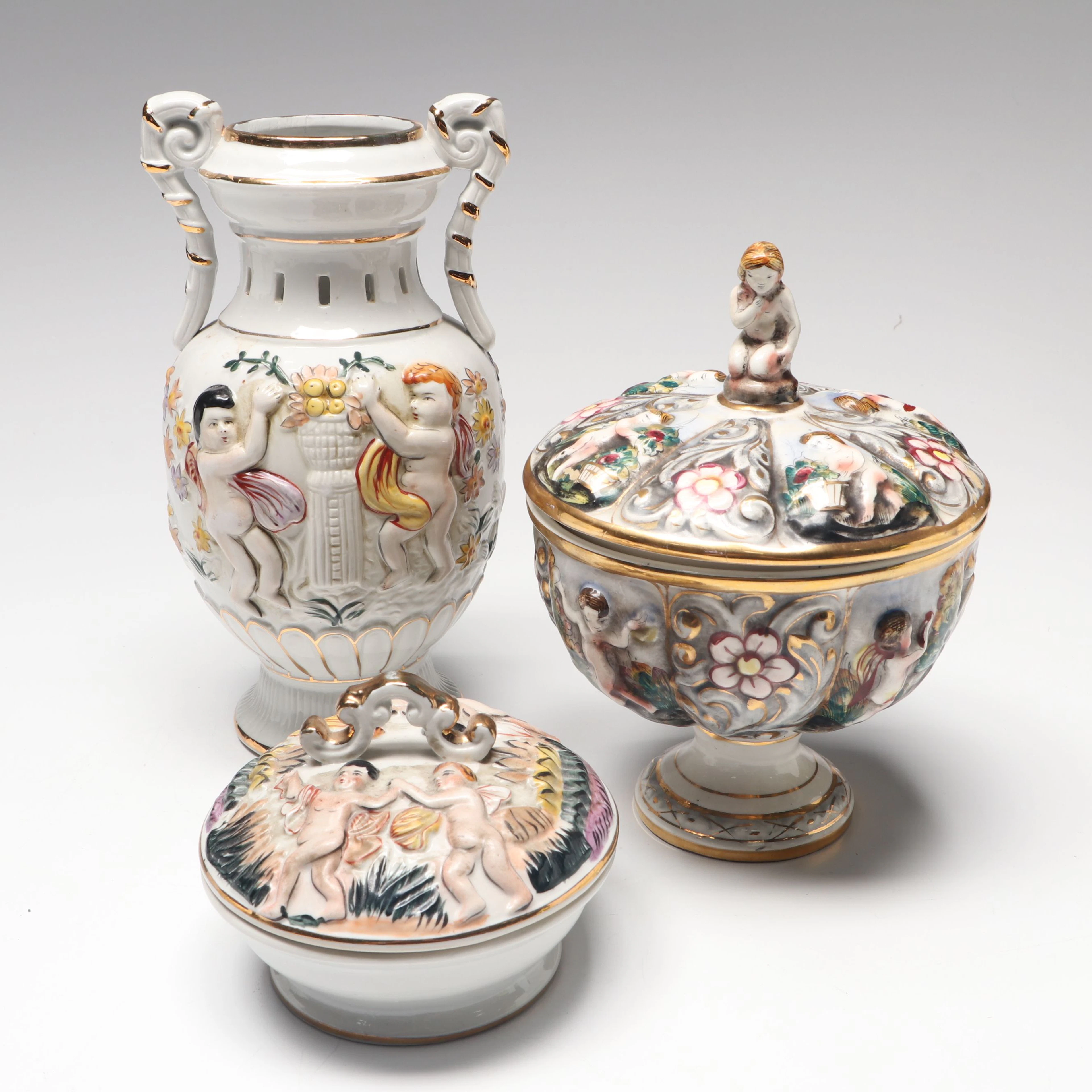 Capodimonte Cherub Ginger Jar with Chinese Ceramic Handled Vase and Box