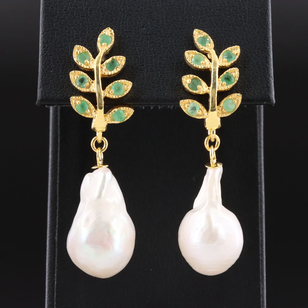 Sterling Pearl and Emerald Dangle Earrings