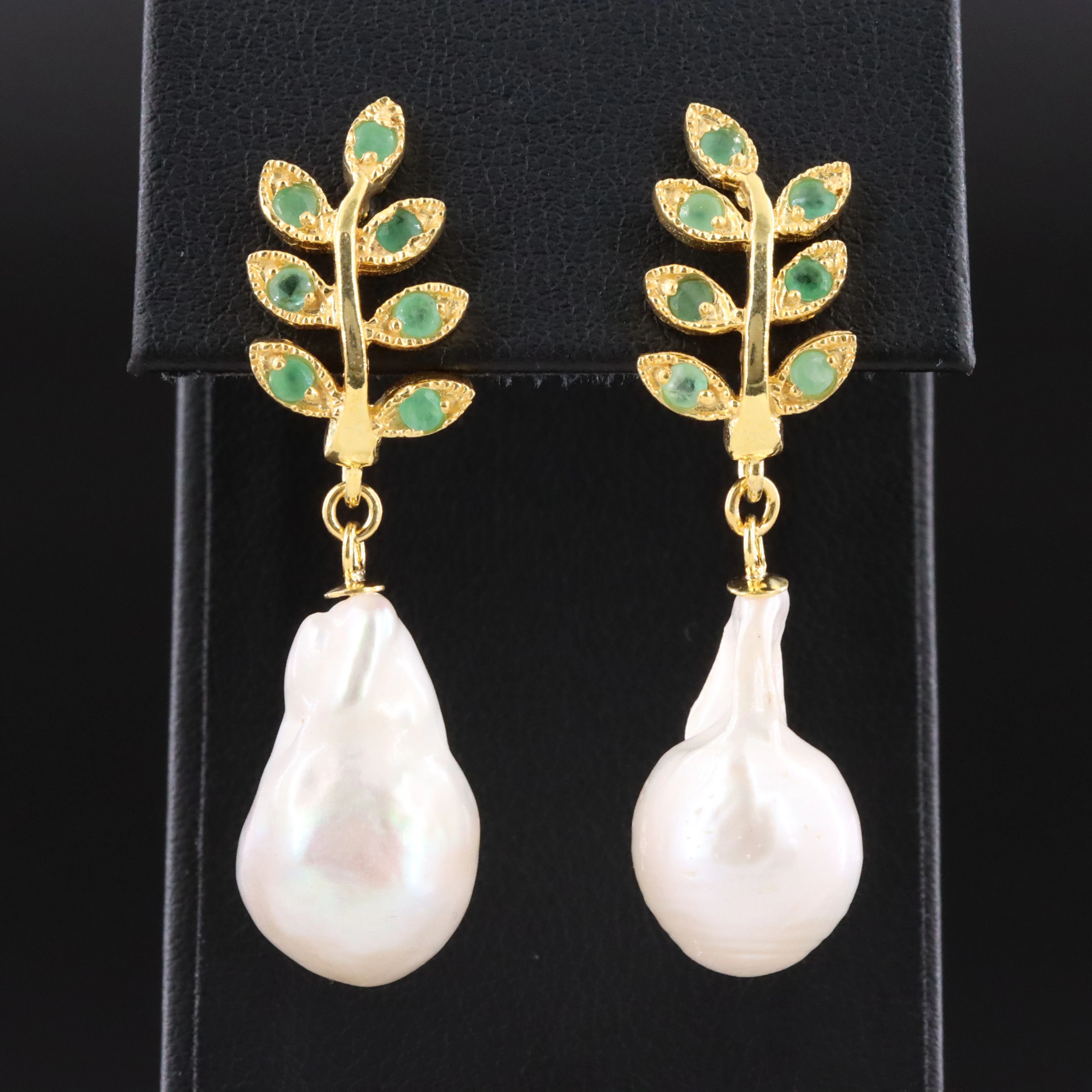 Sterling Pearl and Emerald Dangle Earrings
